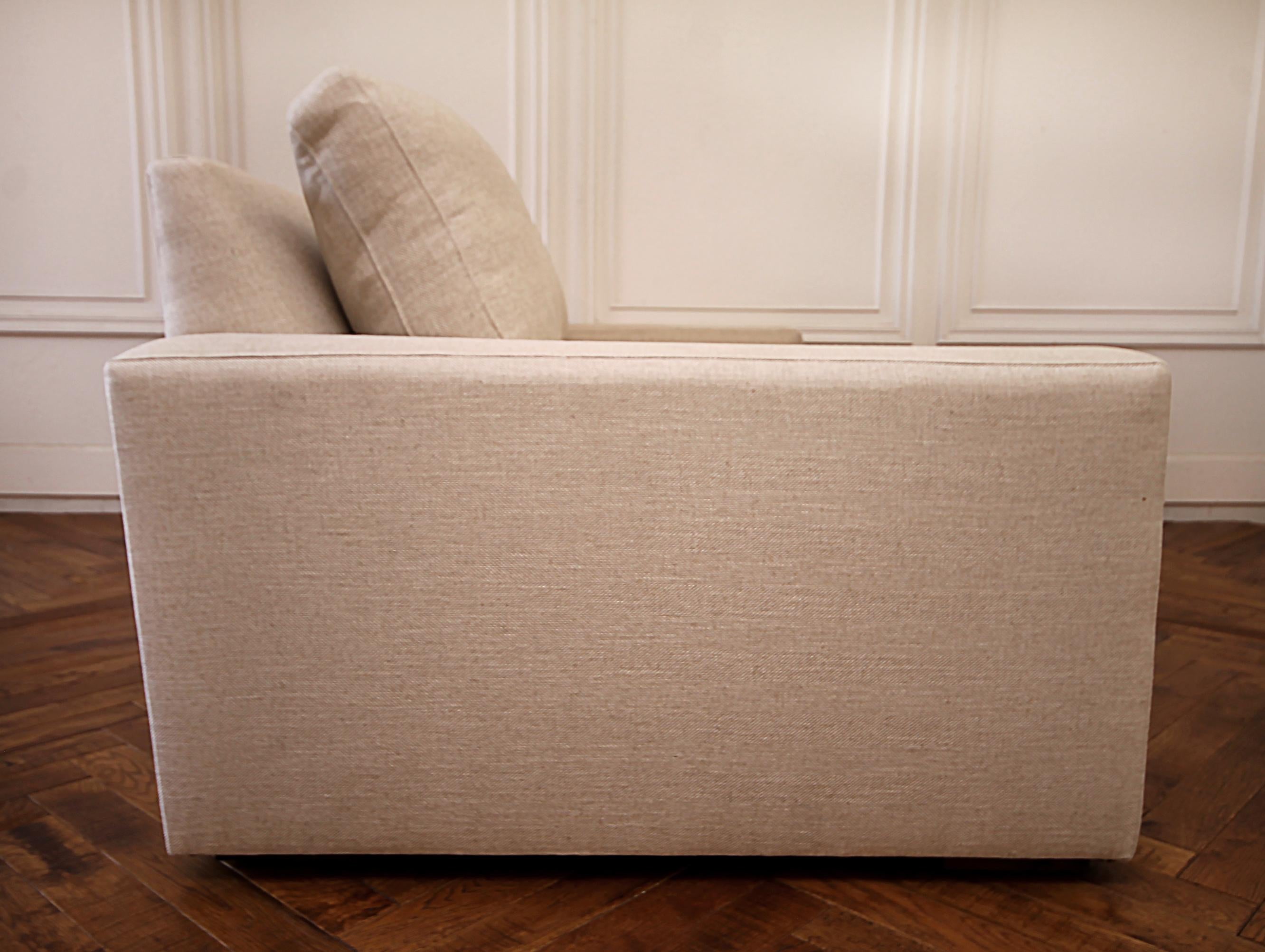 Contemporary Custom Made Linen Upholstered Down Filled Sofa with Modern Square Arm
