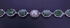Custom Made Link Bracelet with Nephrite & Single White Pearl in 14K White Gold