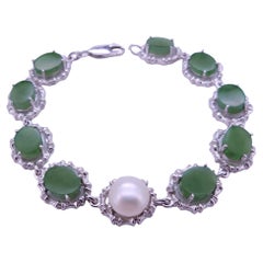 Custom Made Link Bracelet with Nephrite & Single White Pearl in 14K White Gold
