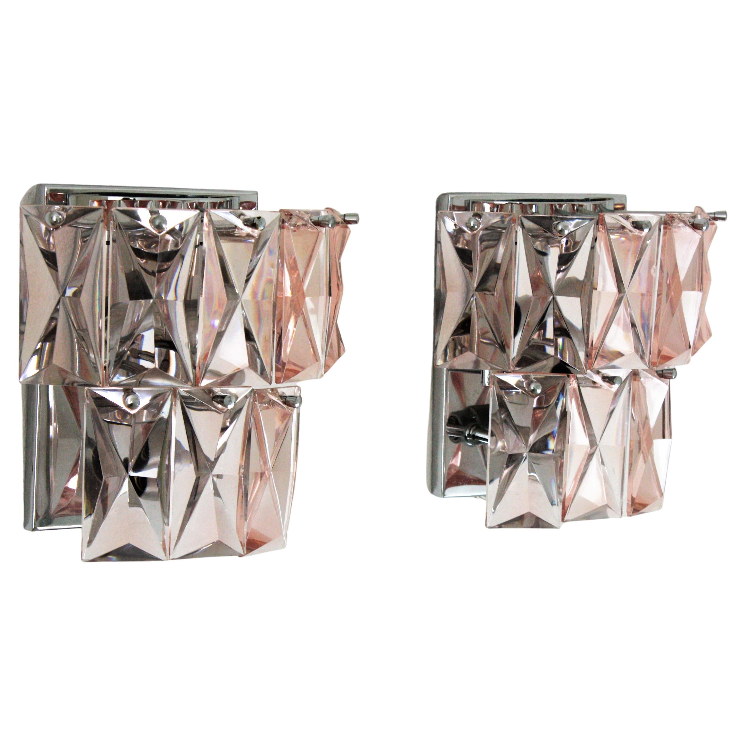 Mid-Century Modern Pair of Pink Crystal Wall Sconces, Baccarat Style For Sale