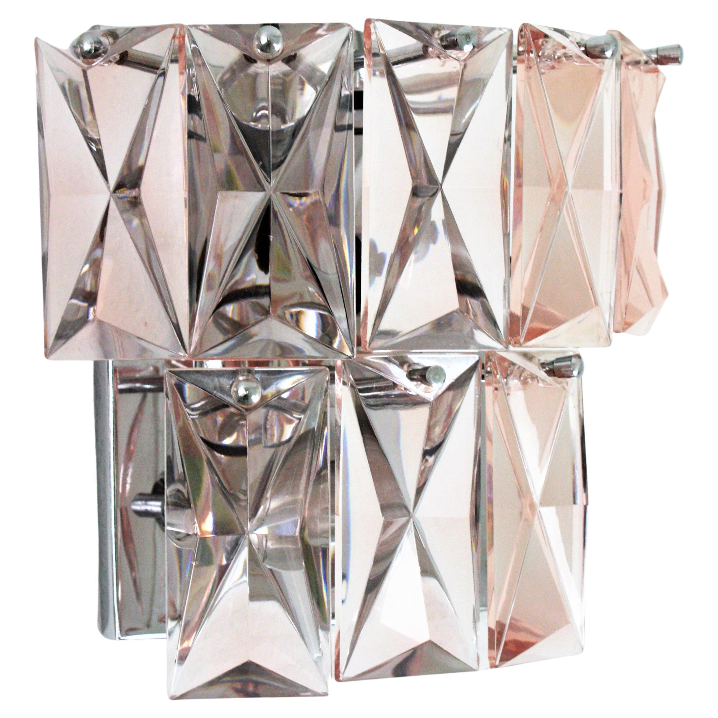 French Pair of Pink Crystal Wall Sconces, Baccarat Style For Sale