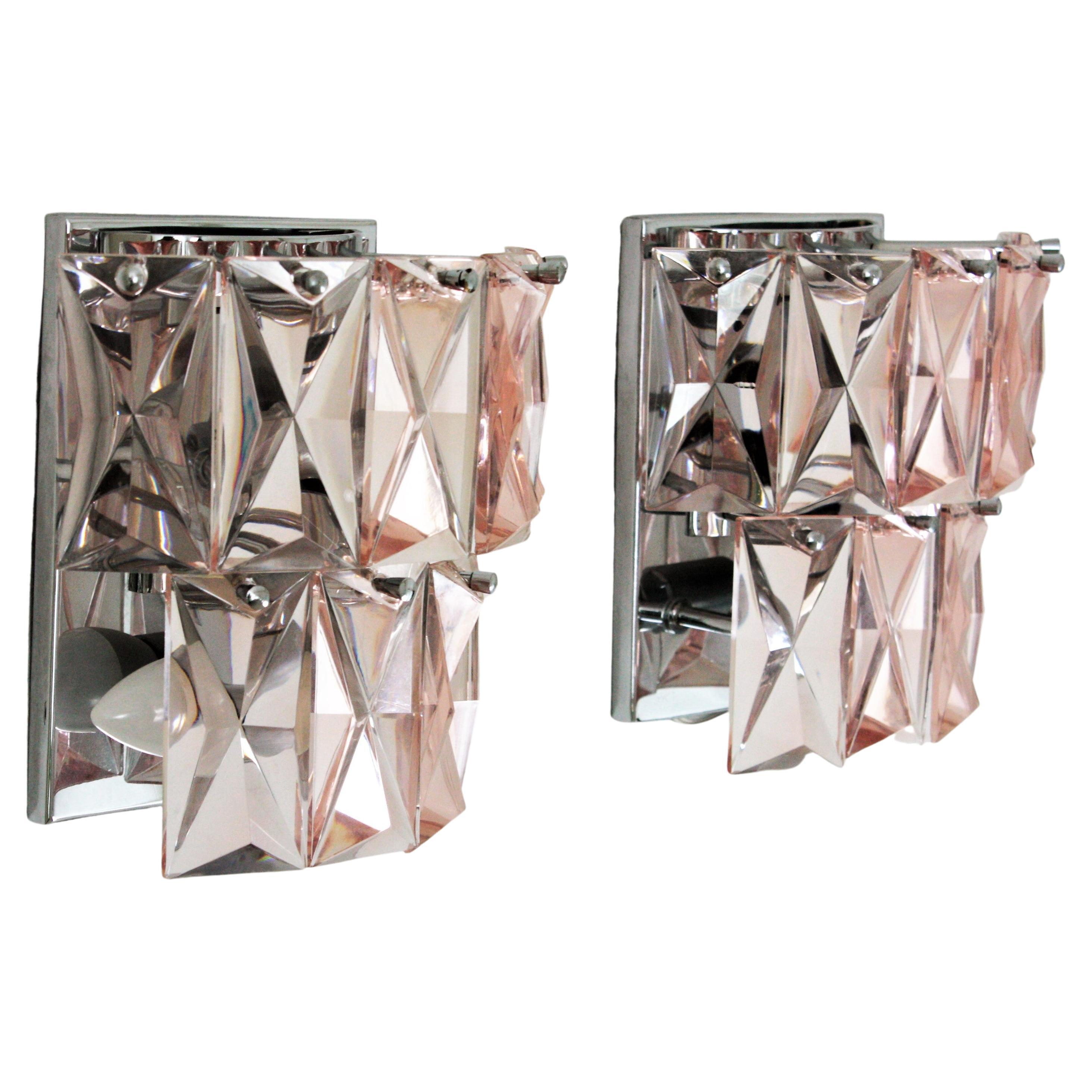20th Century Pair of Pink Crystal Wall Sconces, Baccarat Style For Sale