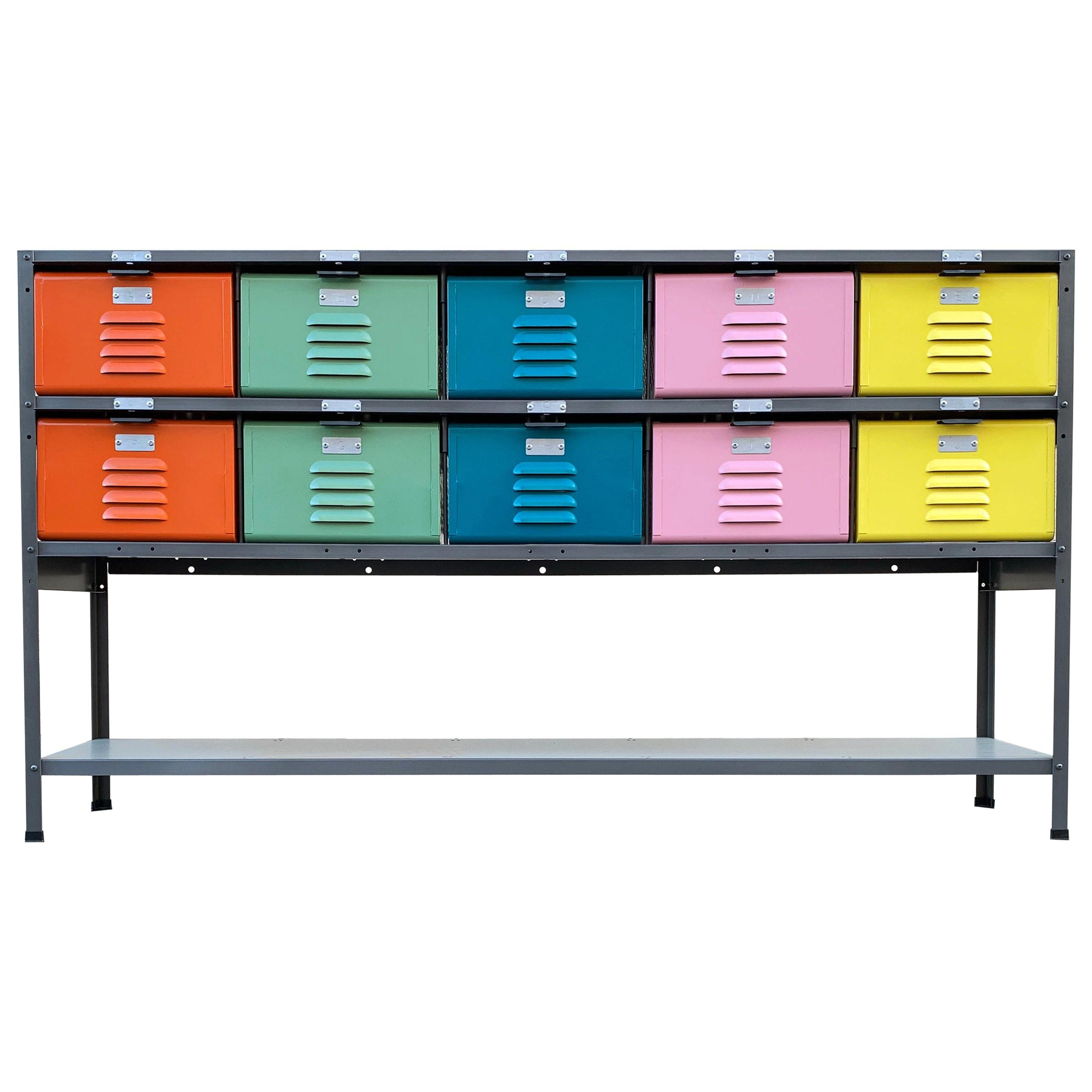 Custom Made Locker Basket Unit with Multicolored Drawers and Shelf For Sale