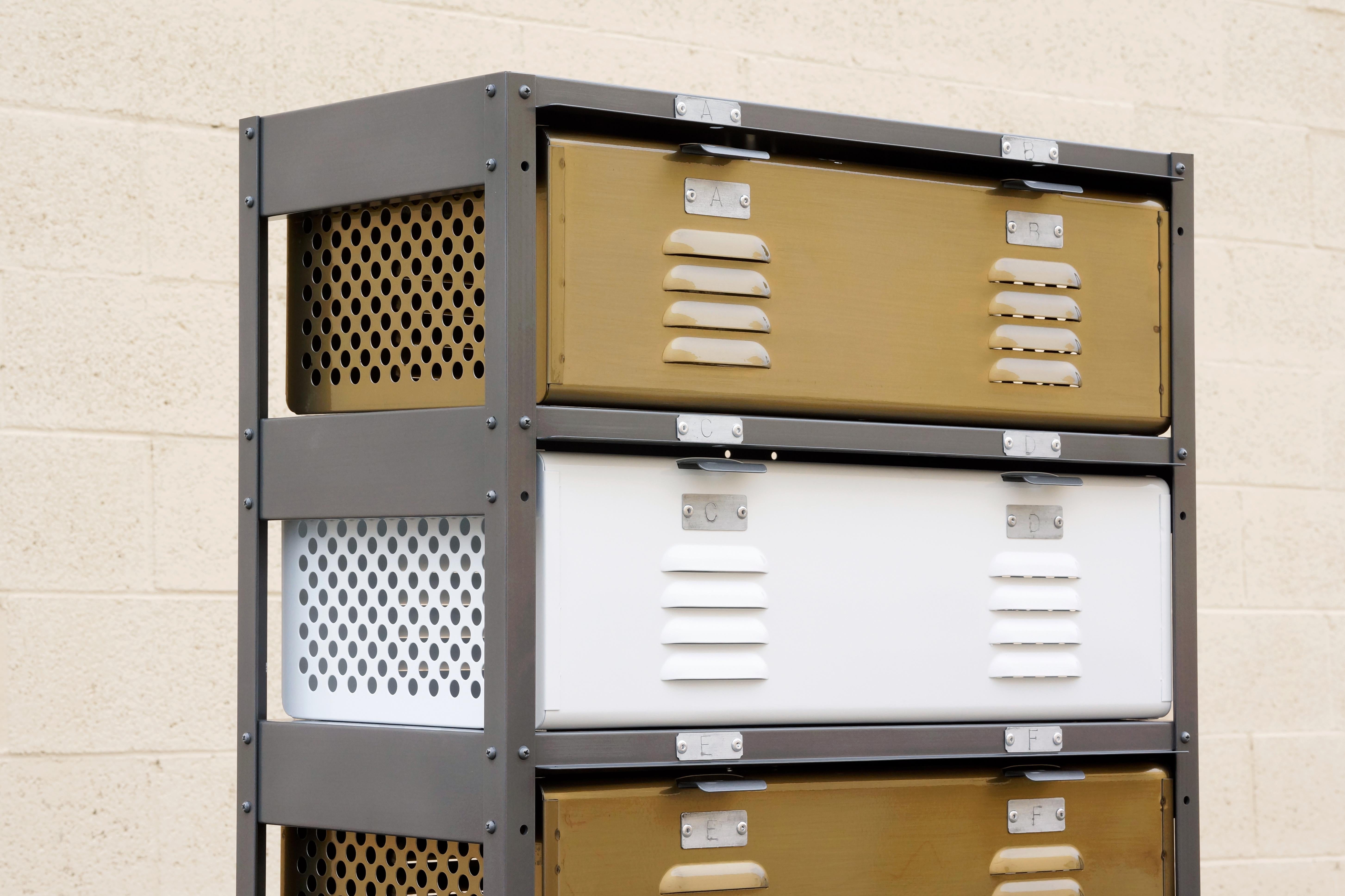 Please note: These images are a sample of our custom work. Please allow 3-4 weeks production.

All new, custom fabricated 2 wide x 6 high locker basket unit inspired by those of the 1950s and 1960s. Our new units feature a special update: Original