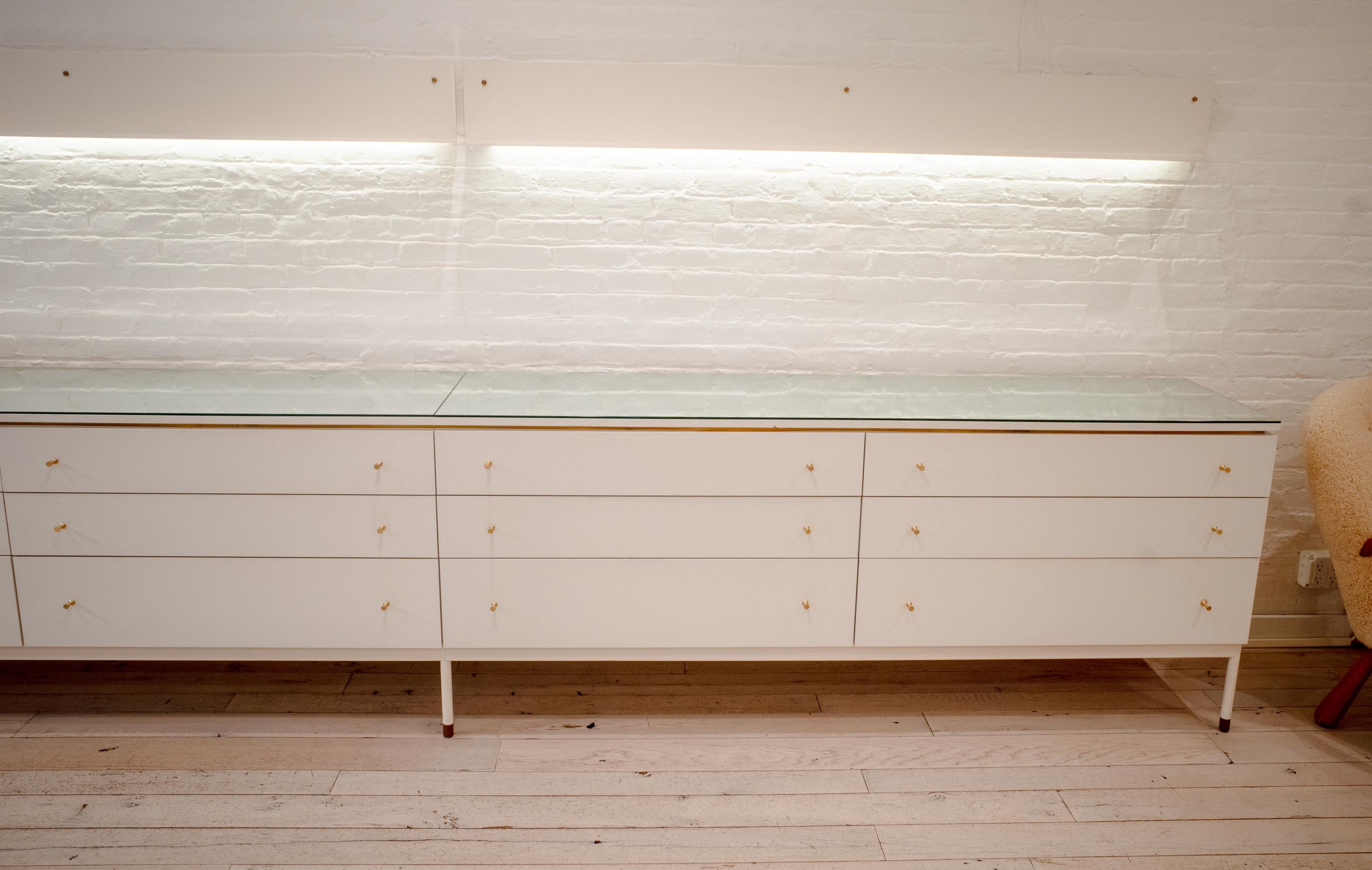 Modern Custom Made Long Credenza with Mirrored Tabletop For Sale
