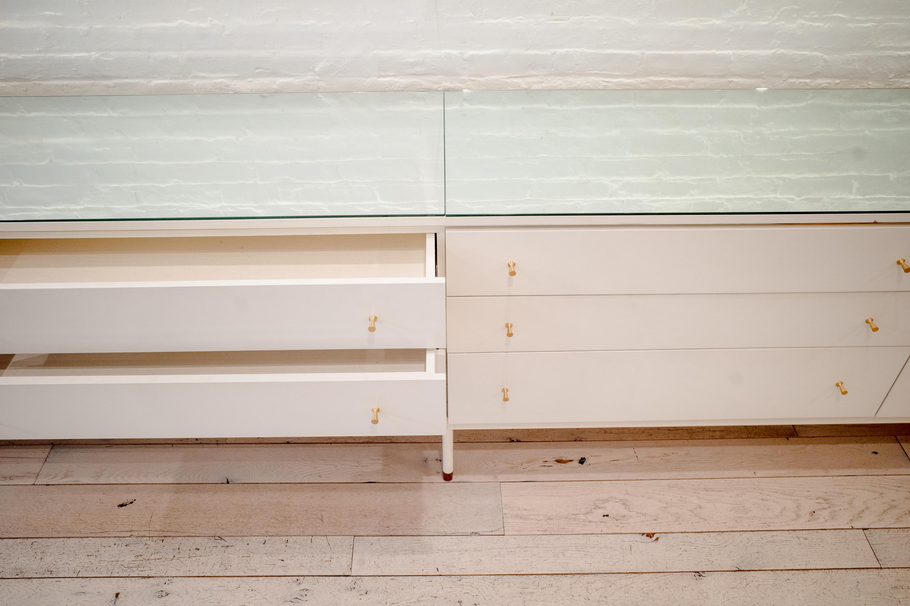 American Custom Made Long Credenza with Mirrored Tabletop For Sale