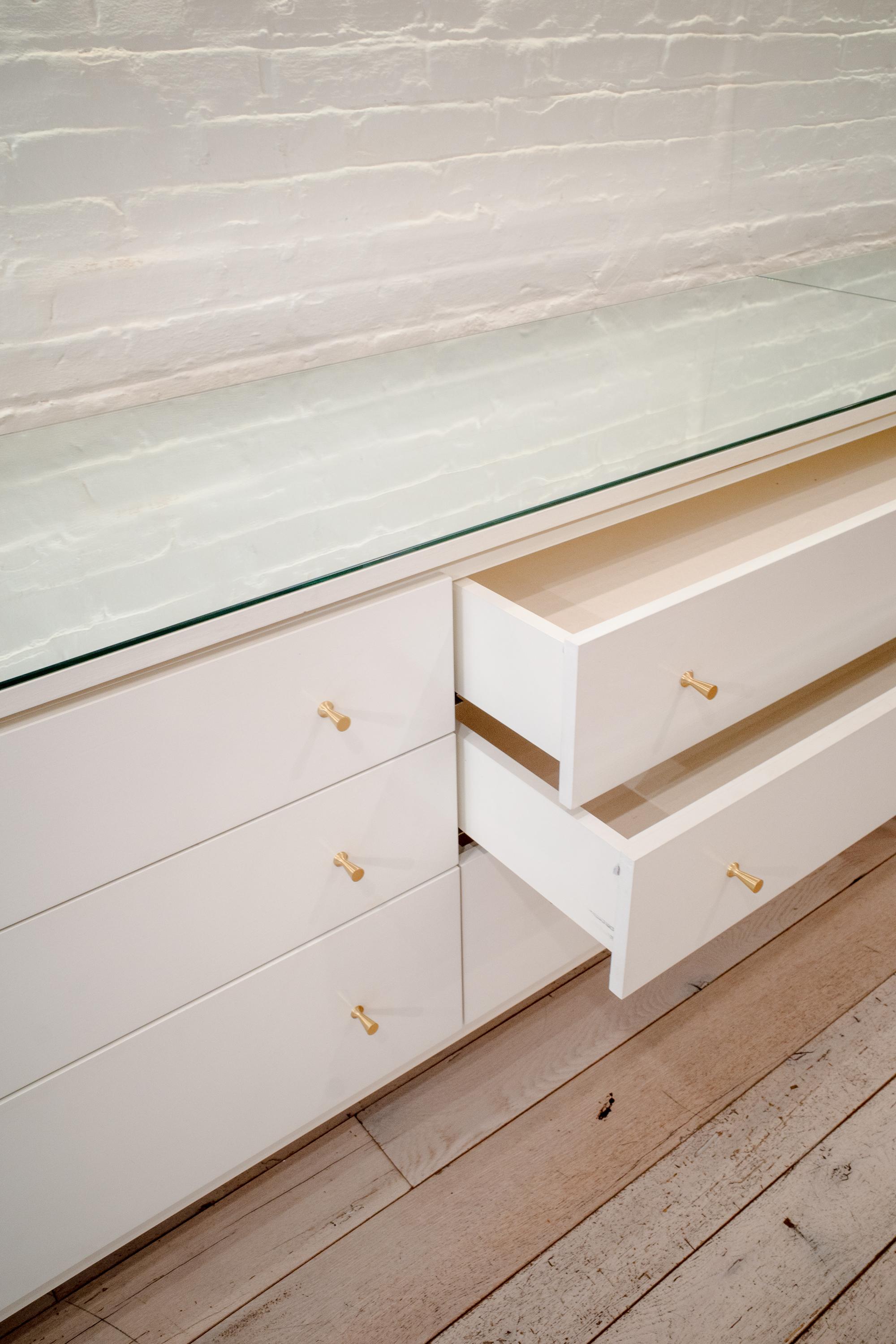 Custom Made Long Credenza with Mirrored Tabletop In Distressed Condition For Sale In New York, NY