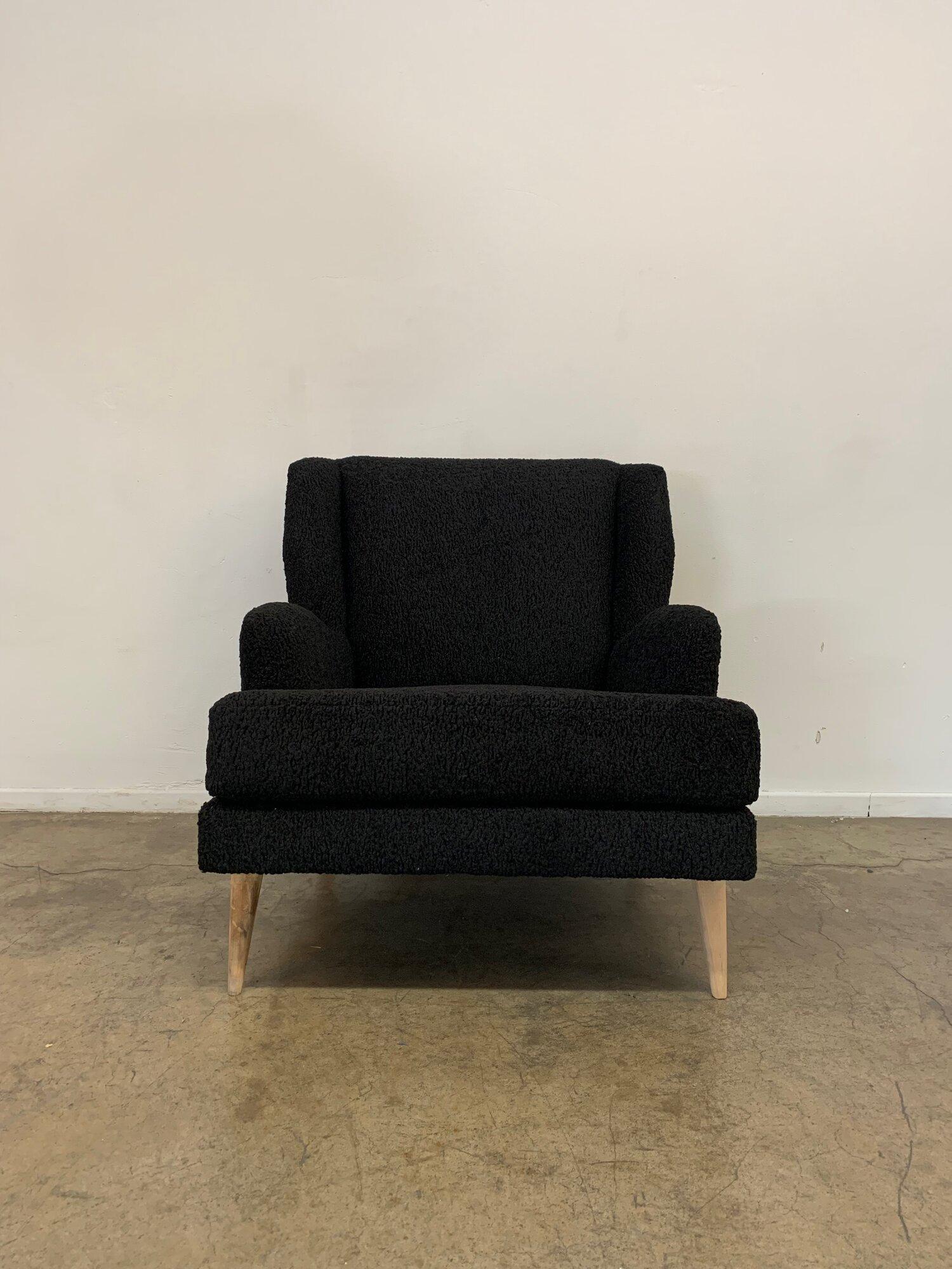 Mid-Century Modern Custom Made Lounge Chair in Black Sherpa For Sale
