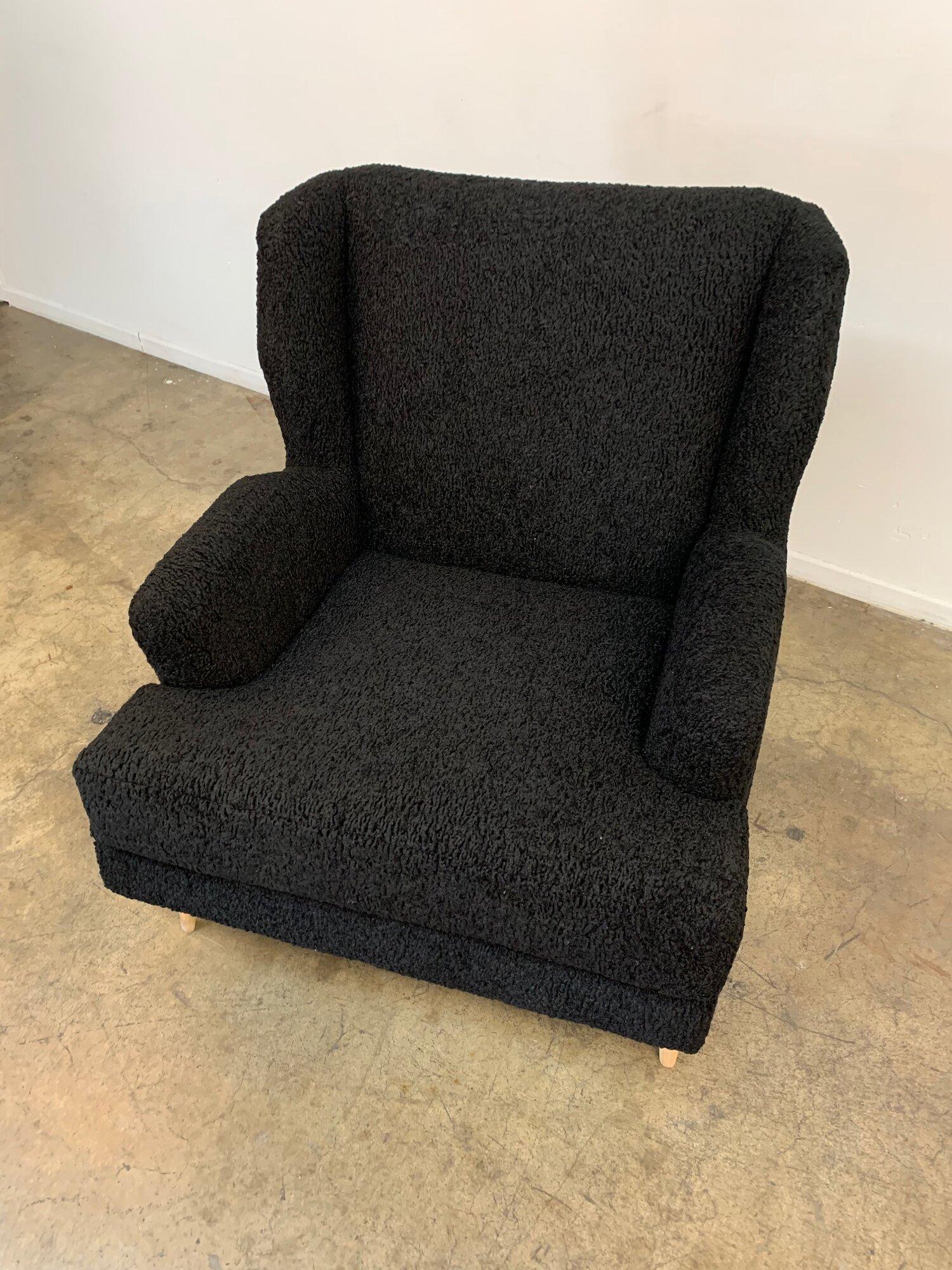 Fabric Custom Made Lounge Chair in Black Sherpa For Sale