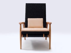 Custom-Made Lounge Chair in Solid Oak& Black Danish Cord with Leather Cushions