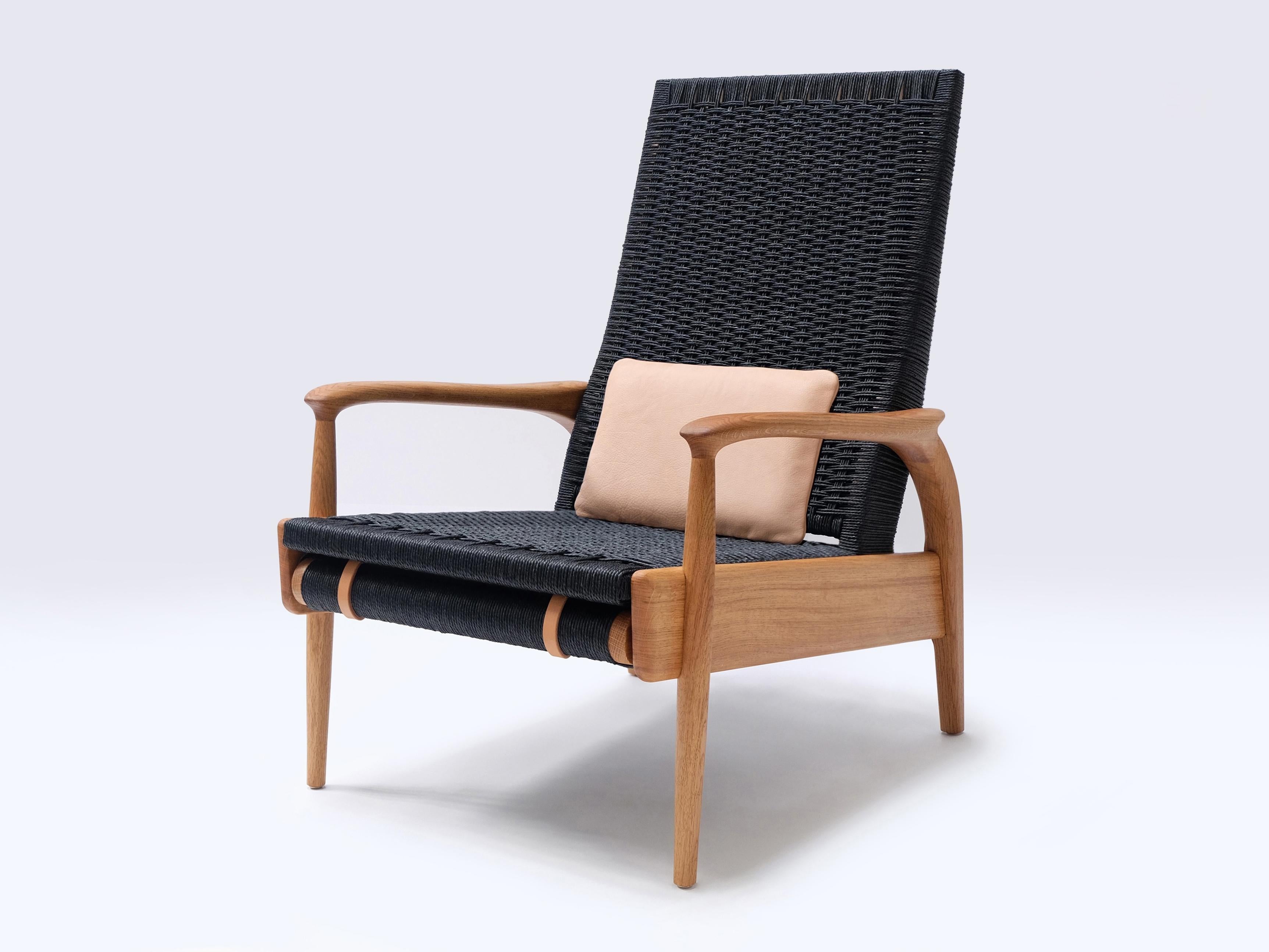Hand-Woven Custom-Made Lounge Chair in Solid Oak& Black Danish Cord with Leather Cushions For Sale