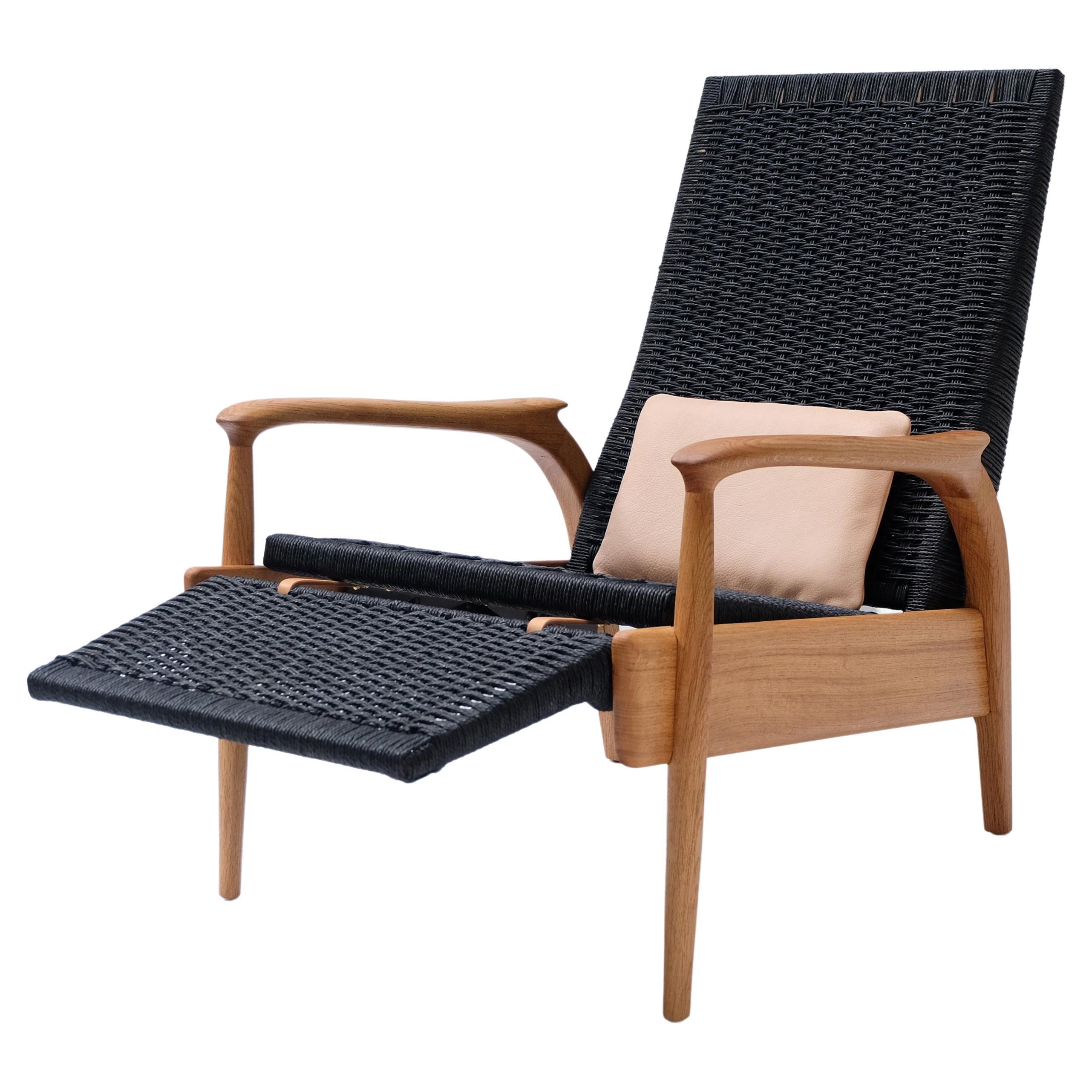 Custom-Made Lounge Chair in Solid Oak& Black Danish Cord with Leather Cushions For Sale
