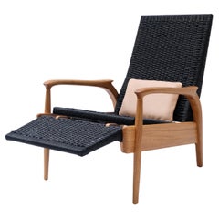 Custom-Made Lounge Chair in Solid Oak& Black Danish Cord with Leather Cushions