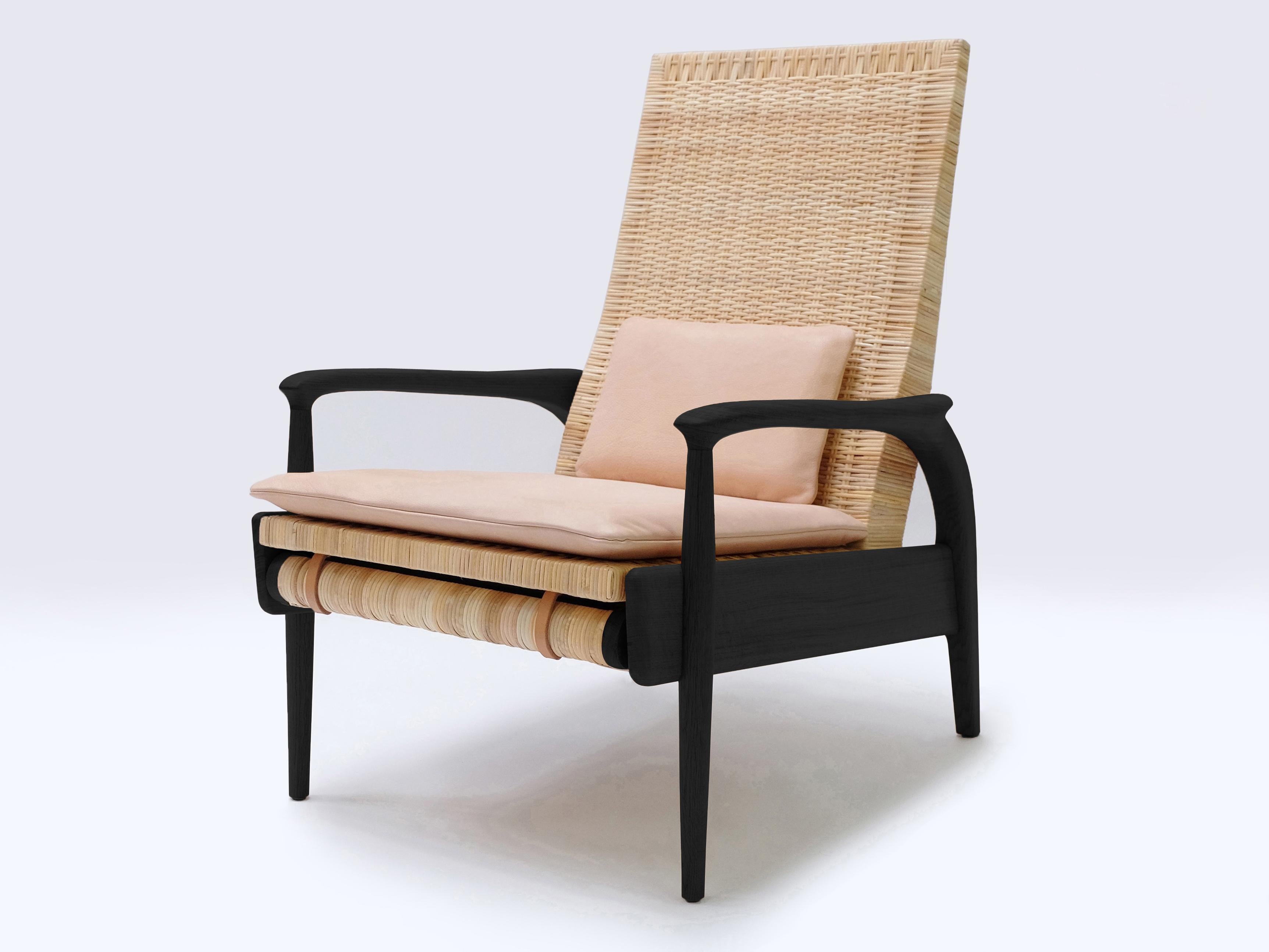 Scandinavian Modern Custom-made Lounge Chair, natural blackended Oak, Natural Cane, Leather Cushions For Sale