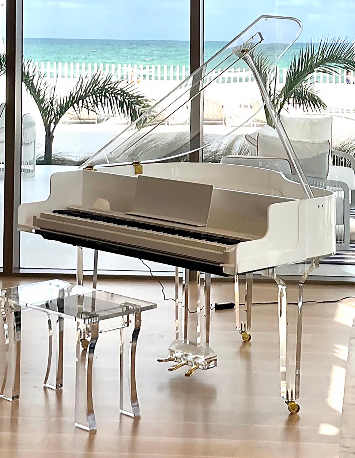 Brass Custom-made Lucite Acrylic Baby Grand Piano and Bench by Iconic Design Gallery For Sale