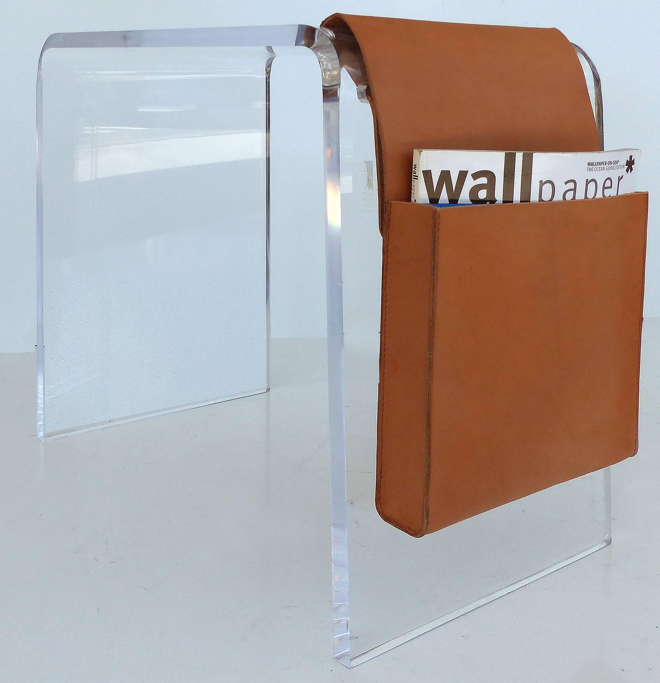 American Custom Made Lucite Side Table with Leather Magazine Pocket