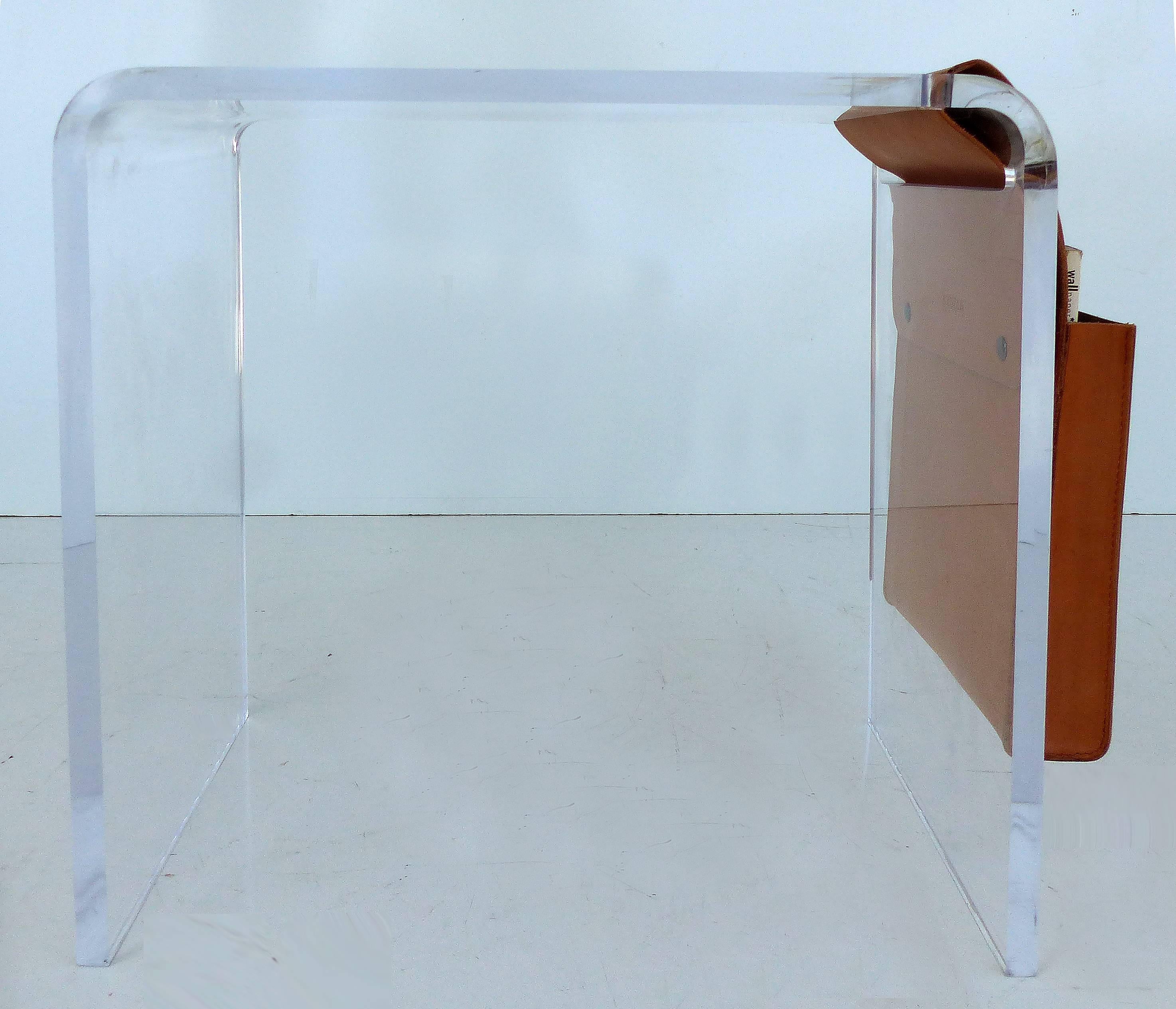 Custom Made Lucite Side Table with Leather Magazine Pocket 3