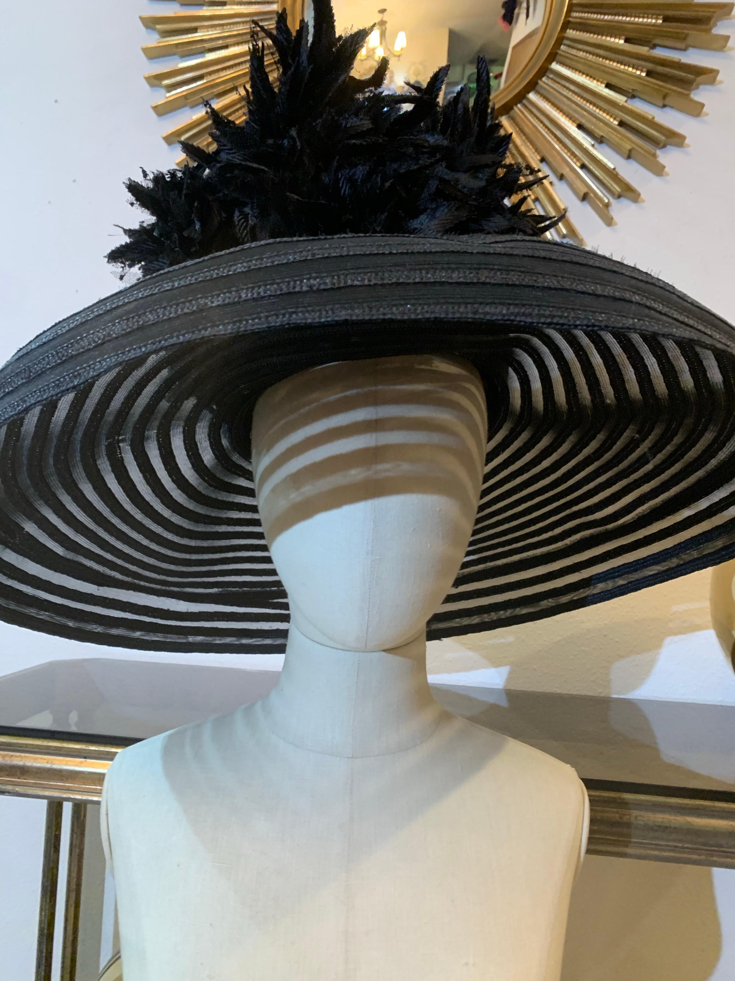 Custom-Made Maison Michel Broad Brimmed Striped Hat of Straw & Sheer w Flowers For Sale 5