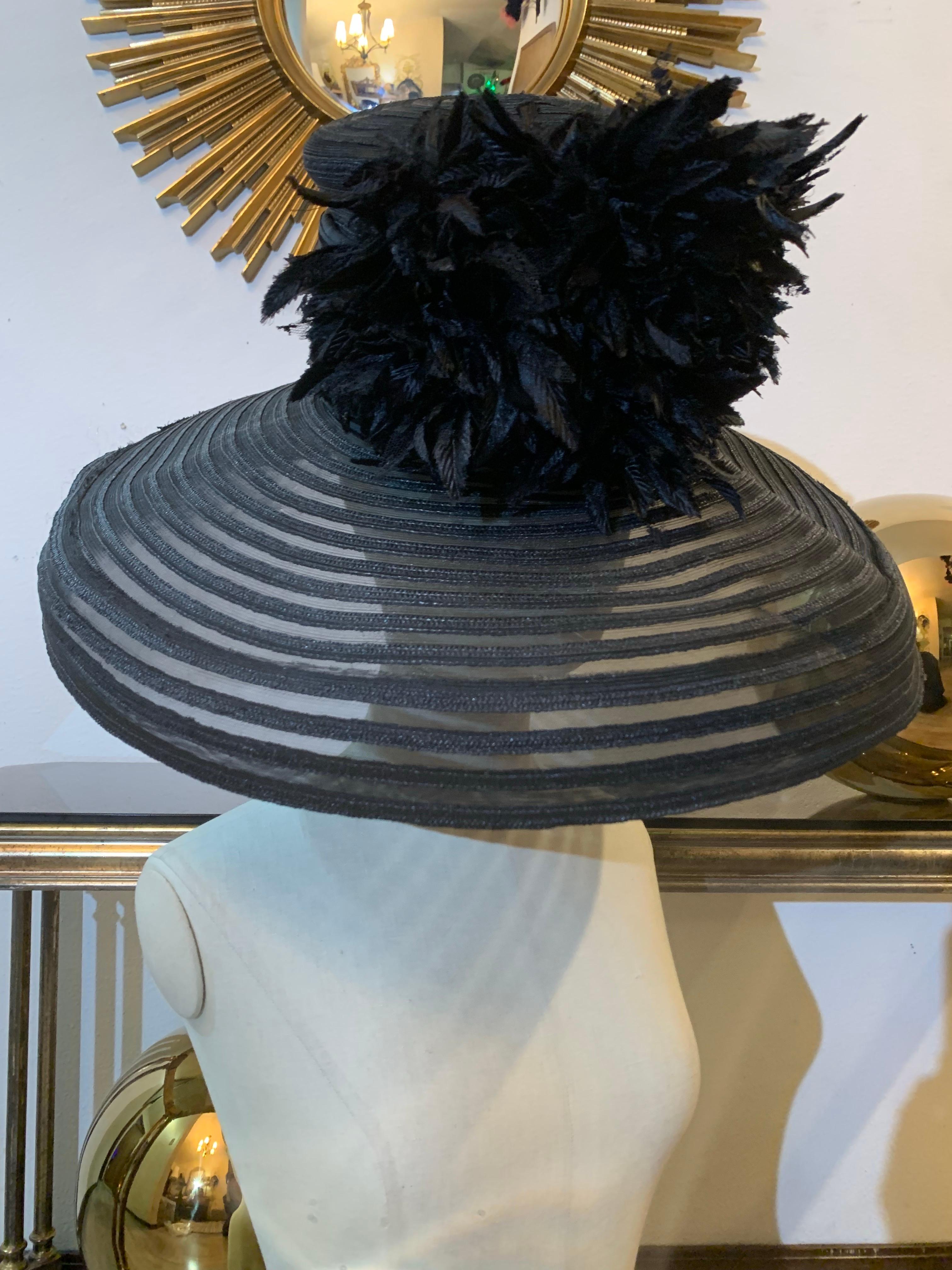 Custom-Made Maison Michel Broad Brimmed Striped Hat of Straw & Sheer w Flowers For Sale 7
