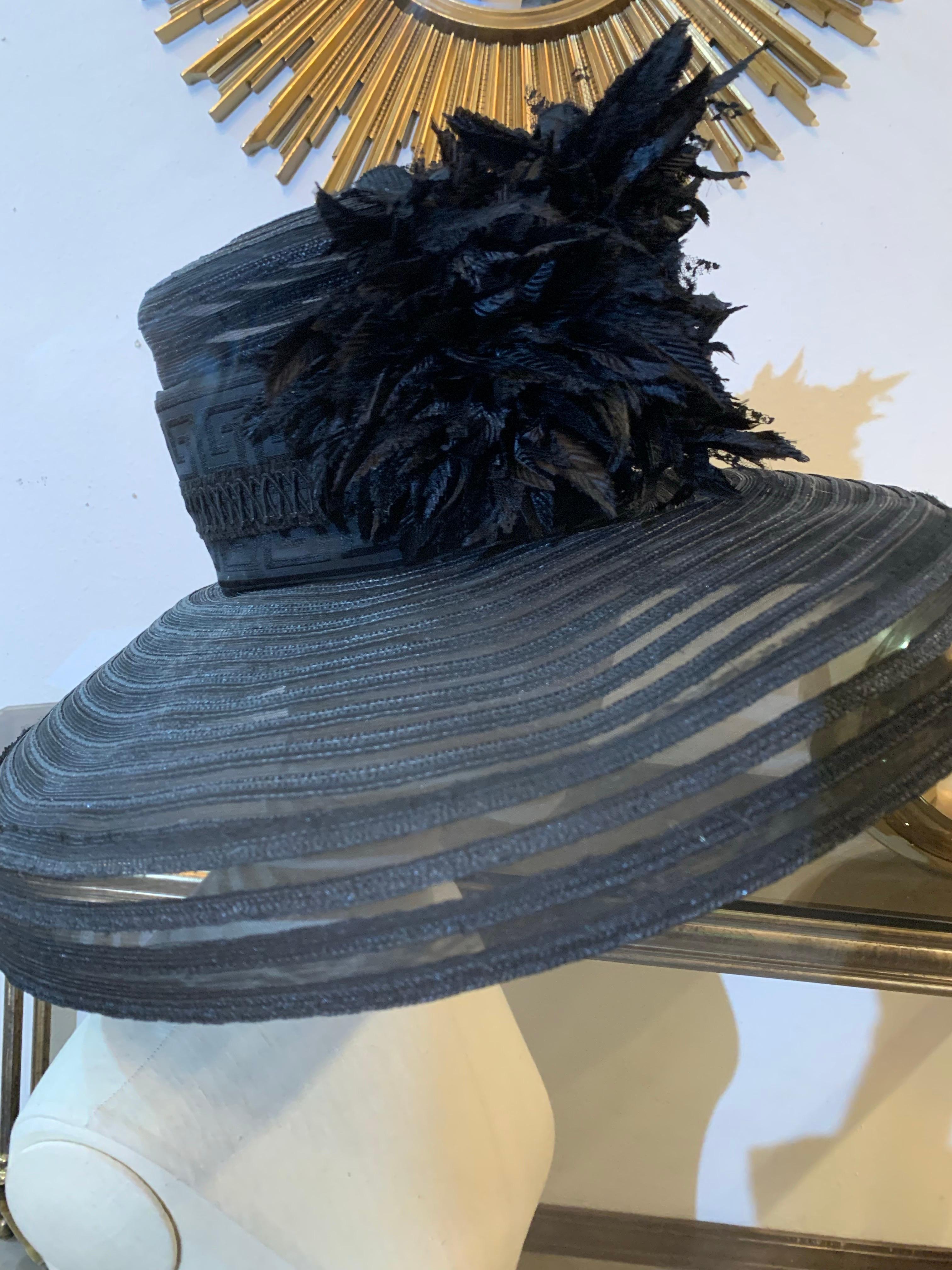 Custom-Made Maison Michel Broad Brimmed Striped Hat of Straw & Sheer w Flowers:  An extravagantly proportioned wide-brim hat with downturned, wired edge. Width is an astonishing 22
