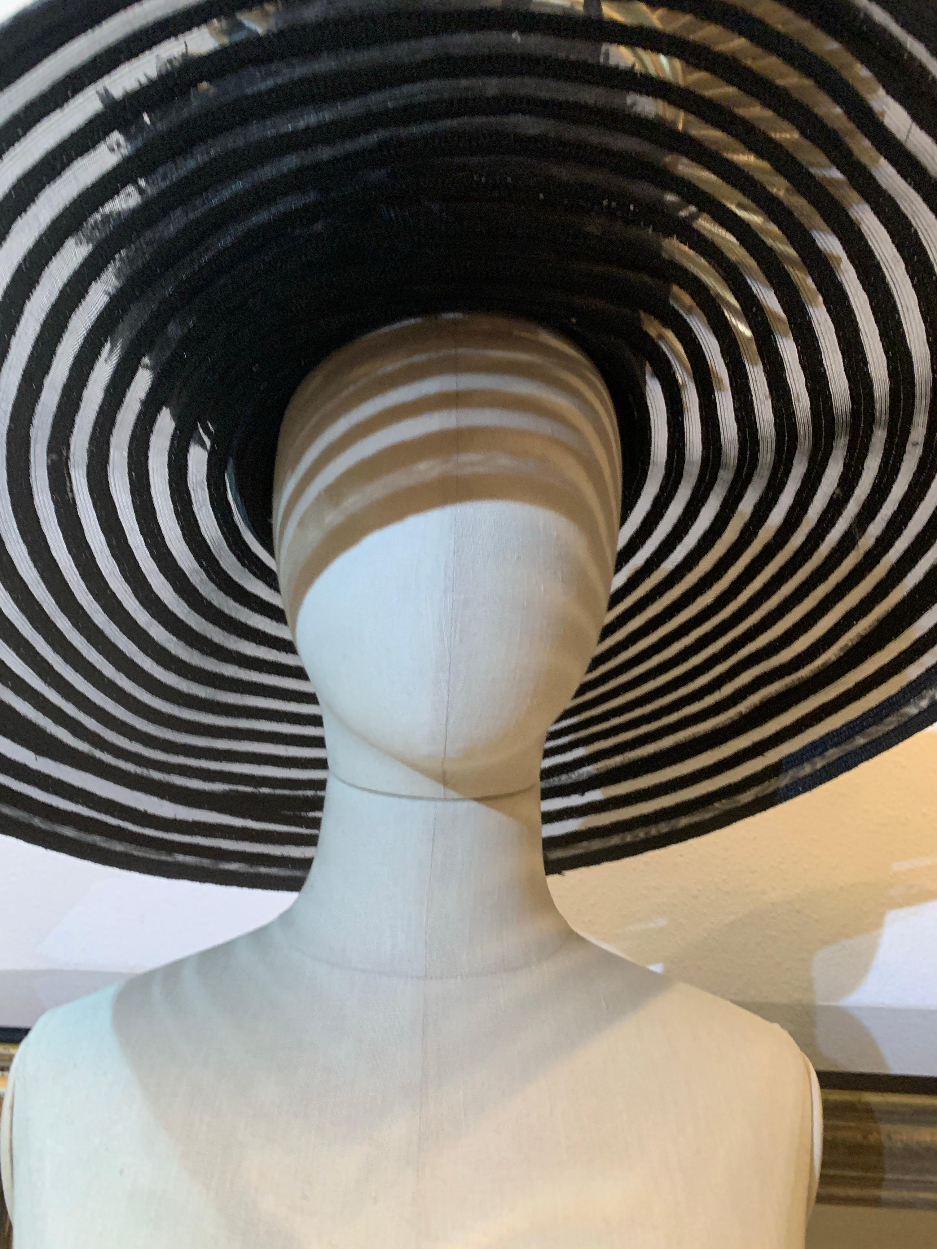 Custom-Made Maison Michel Broad Brimmed Striped Hat of Straw & Sheer w Flowers In Excellent Condition For Sale In Gresham, OR