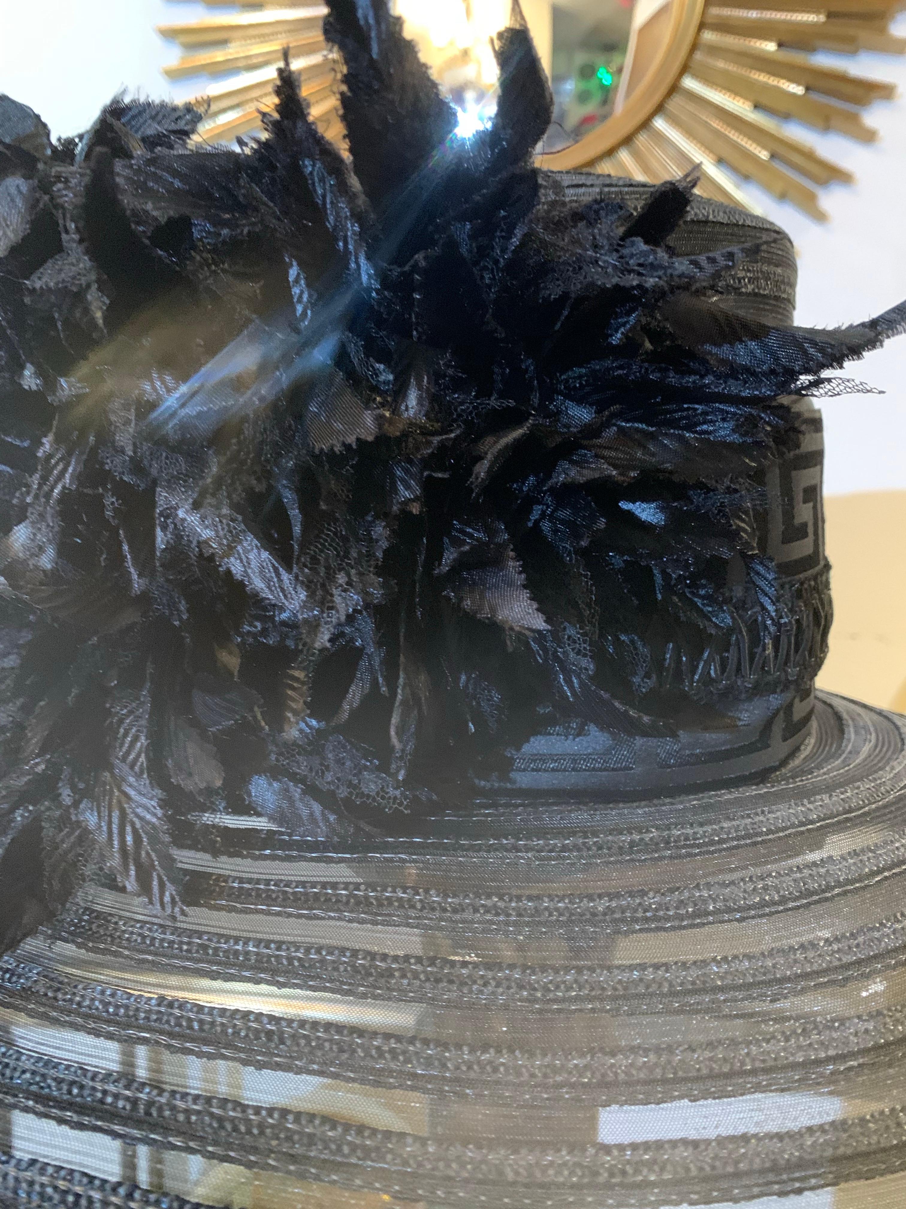 Custom-Made Maison Michel Broad Brimmed Striped Hat of Straw & Sheer w Flowers For Sale 1