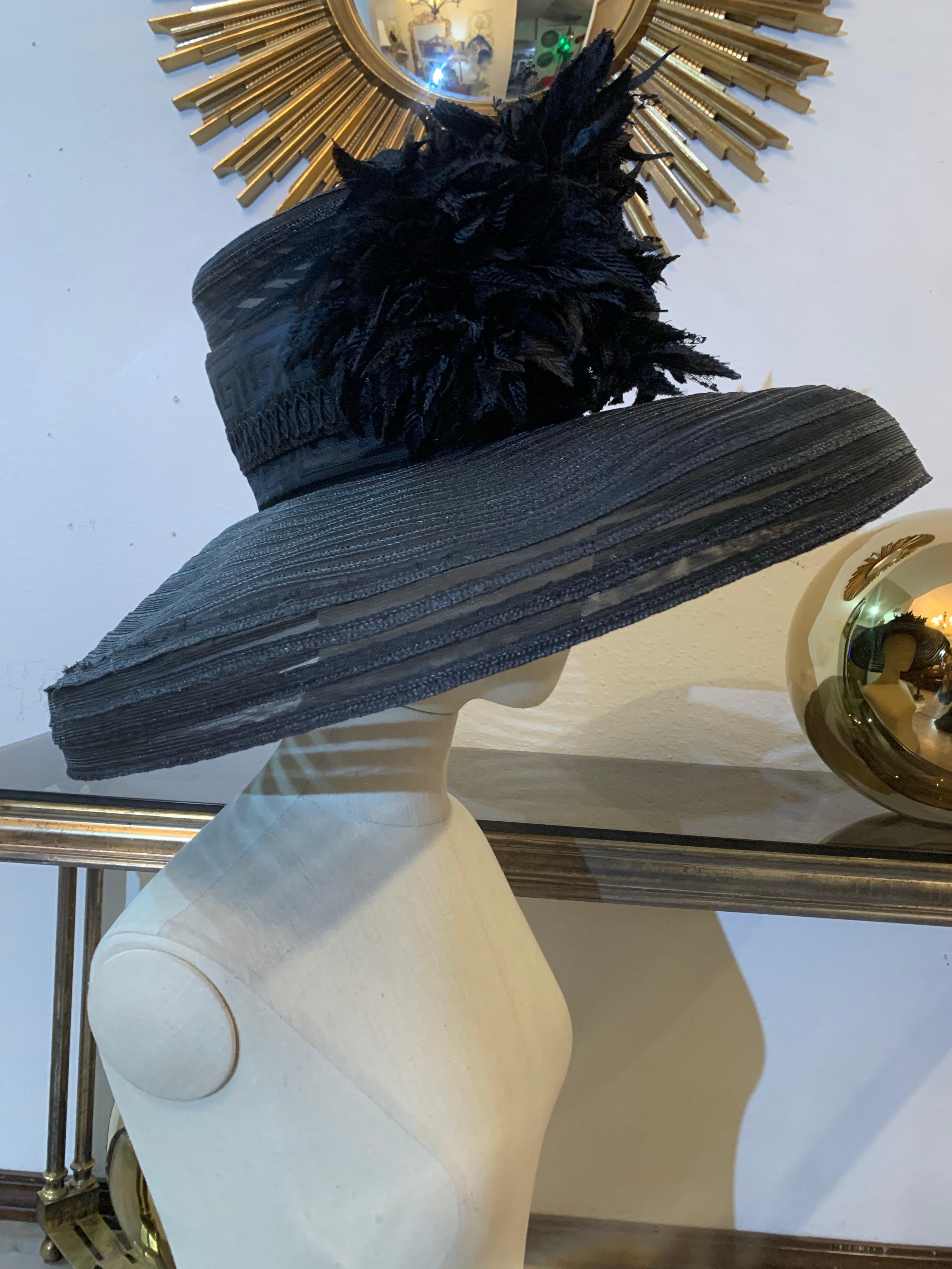 Custom-Made Maison Michel Broad Brimmed Striped Hat of Straw & Sheer w Flowers For Sale 3