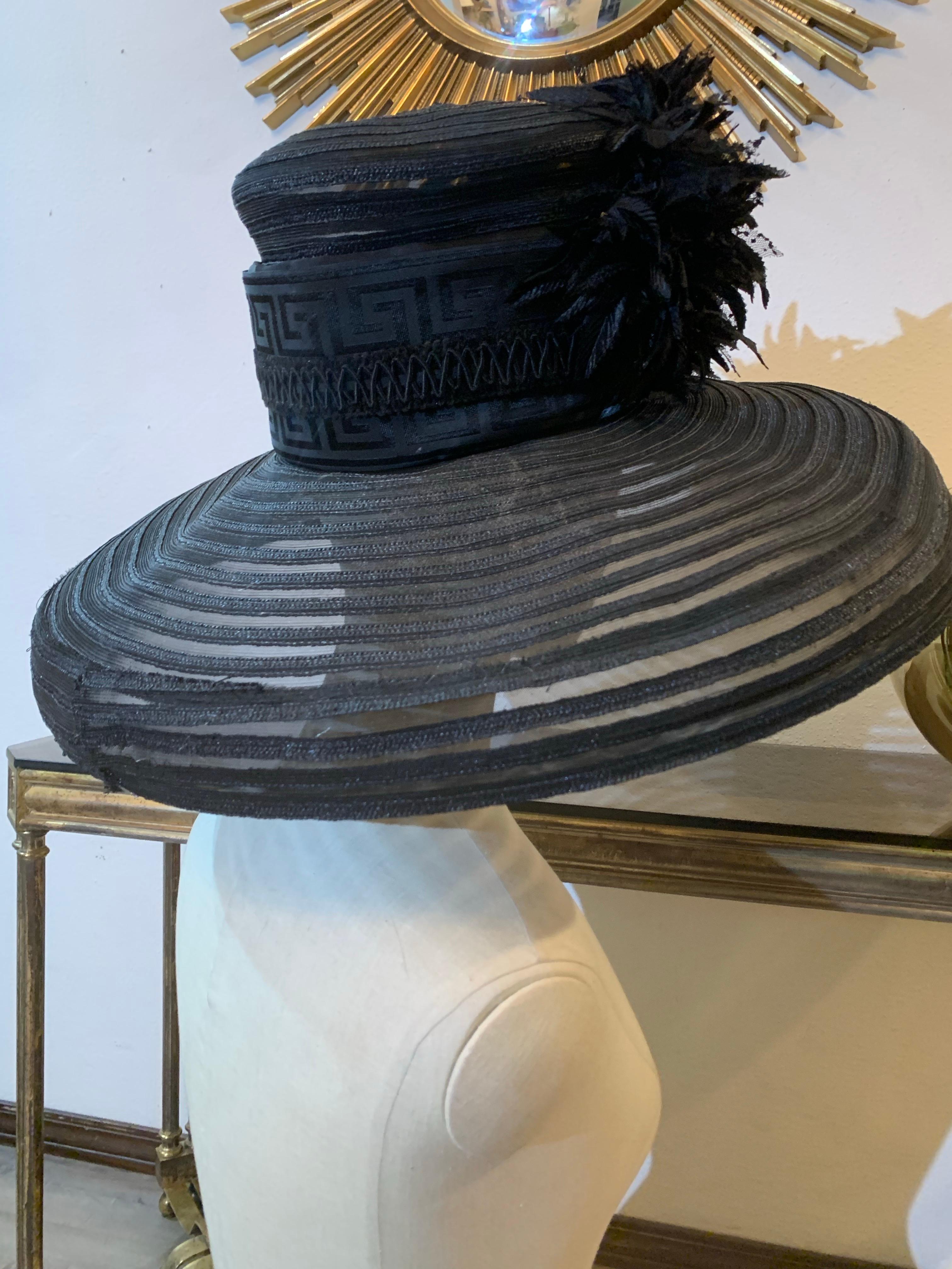 Custom-Made Maison Michel Broad Brimmed Striped Hat of Straw & Sheer w Flowers For Sale 4