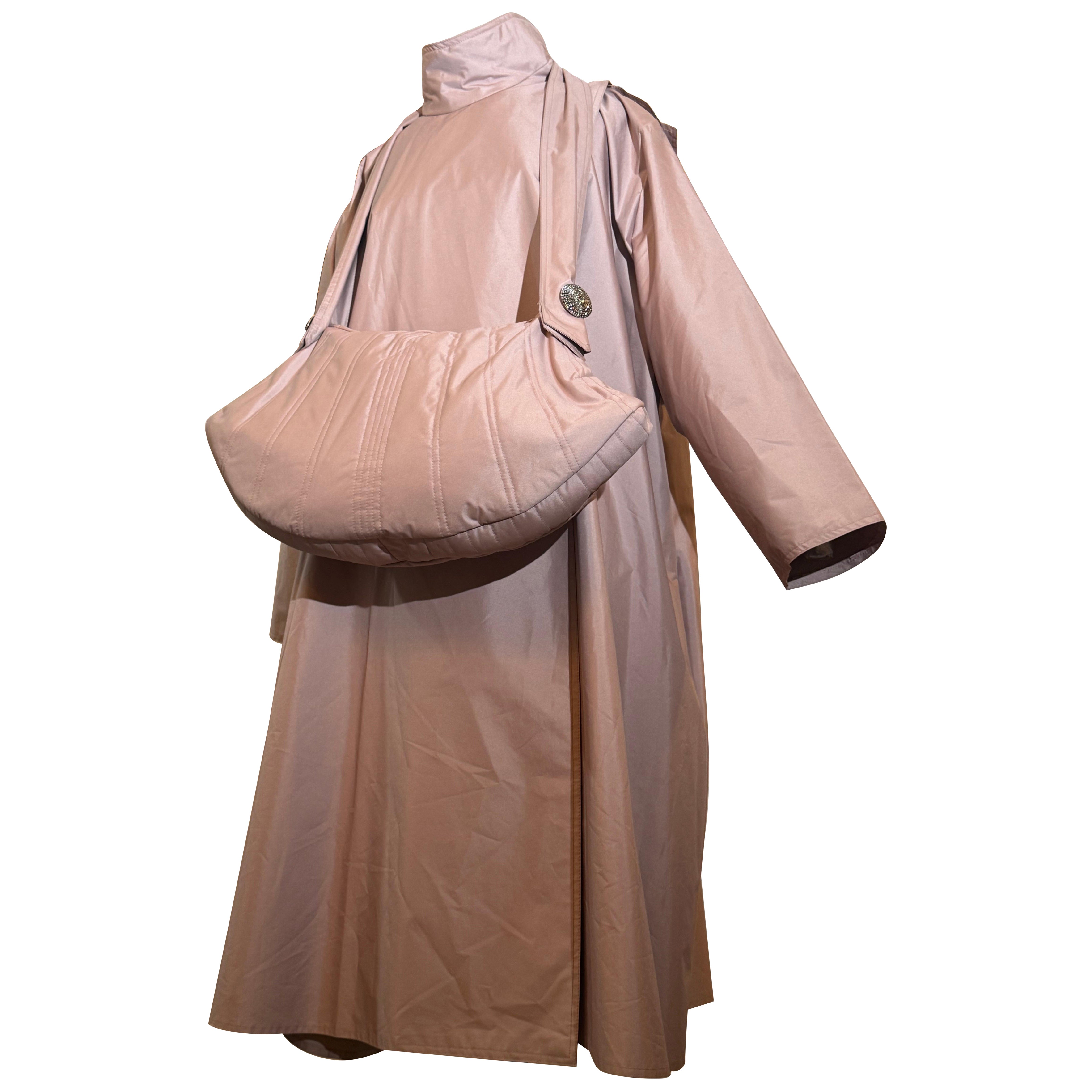 Custom Made Mauve Silk Weatherized Trapeze Coat w Matching Shoulderbag Handbag For Sale