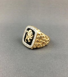 Custom Made Men's Lion's Crest Diamond 14K Gold/White Nugget & Onyx Signet Ring