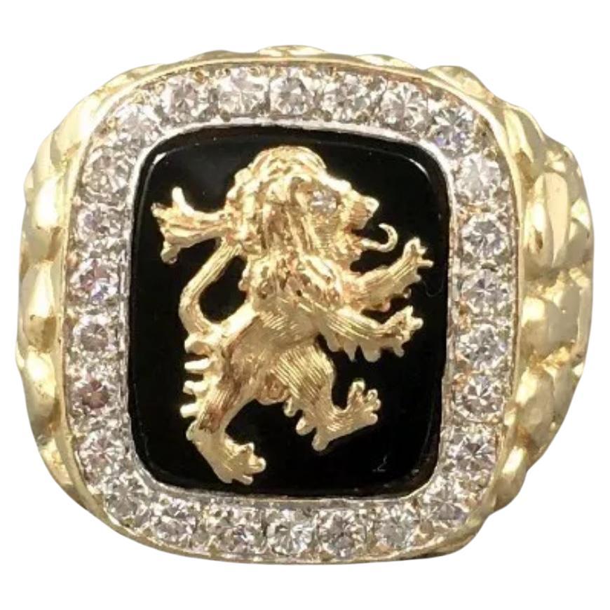 Custom Made Men's Lion's Crest Diamond 14K Gold/White Nugget & Onyx Signet Ring For Sale