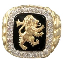 Custom Made Men's Lion's Crest Diamond 14K Gold/White Nugget & Onyx Signet Ring