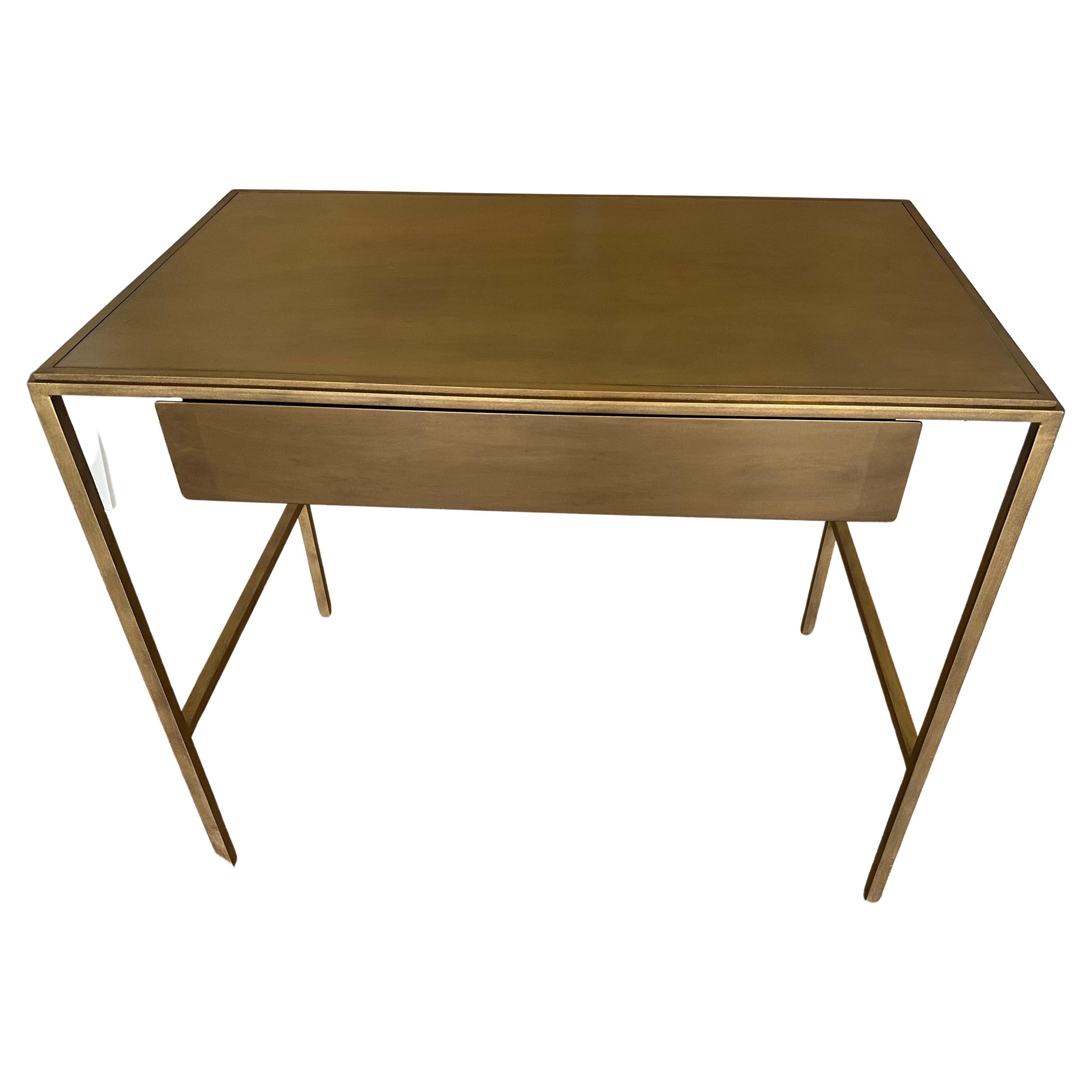 Custom made and designed by us. this versatile modern and traditional styled piece can be used as end table, vanity, desk or dressing table. Table has distressed metal top insert and a drawer. Matching vanity stool available. Can work well in