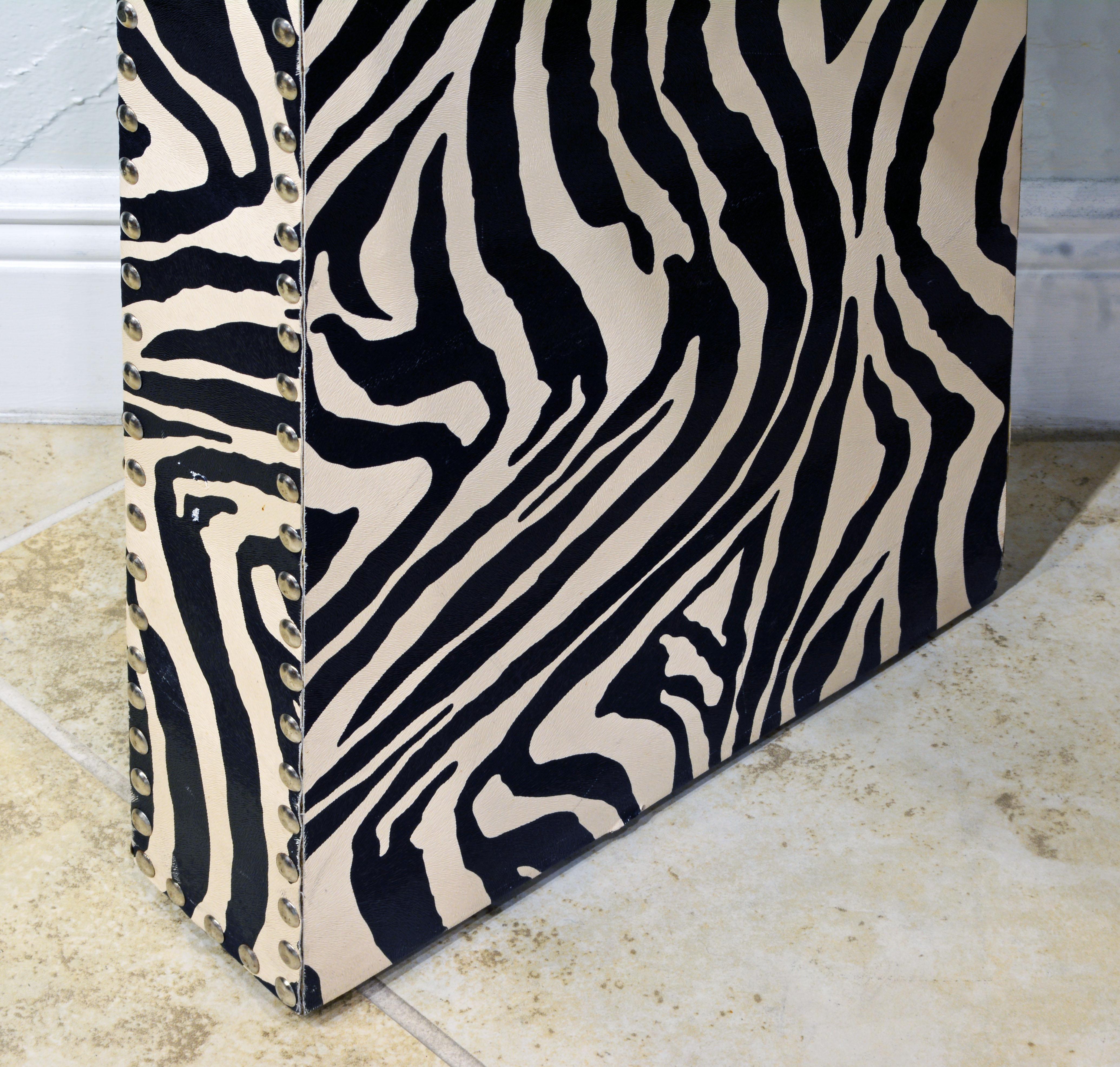 American Custom Made Mid-Century Modern Console Table with Nailhead Trimmed Zebra Print
