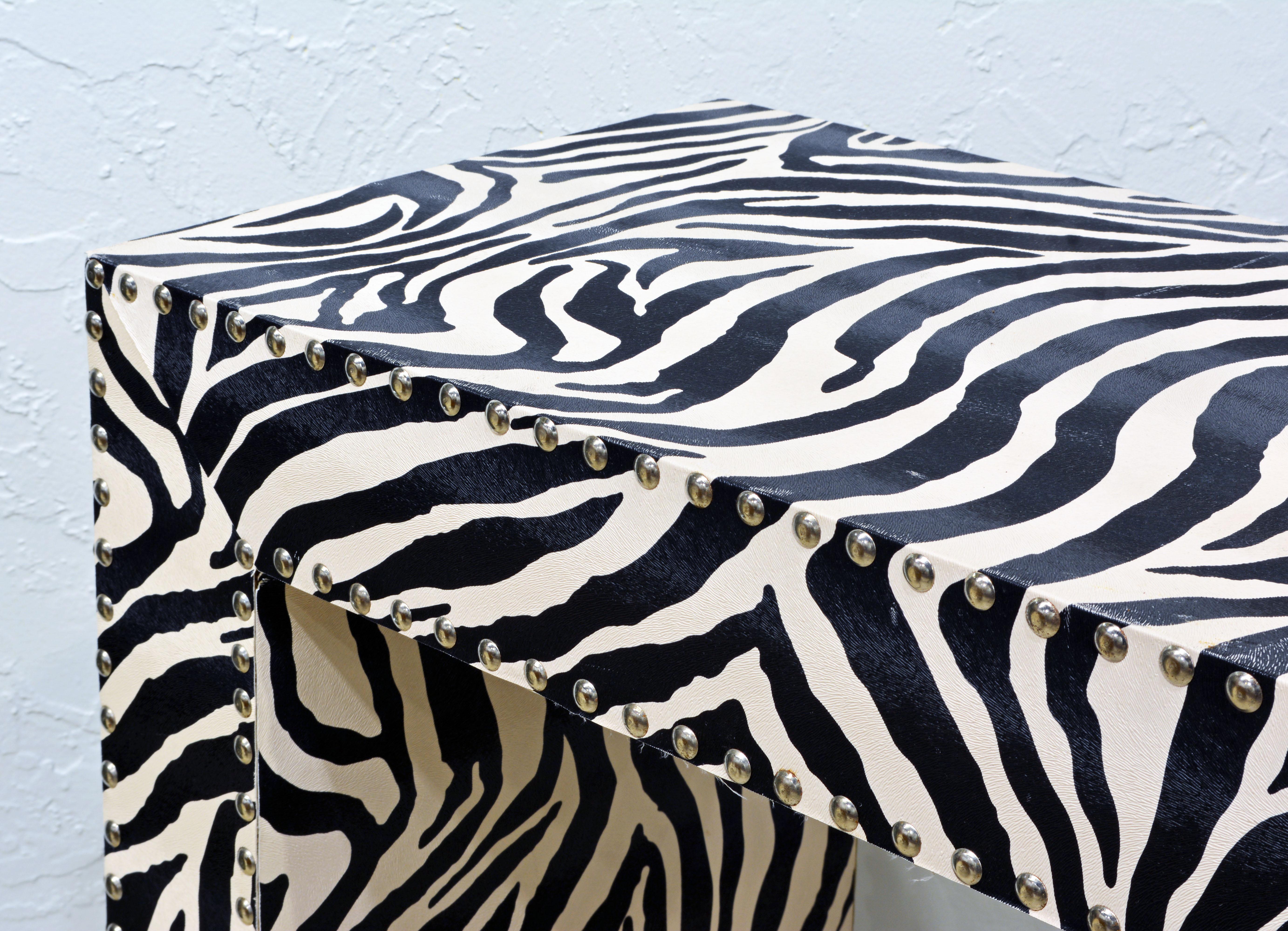 Custom Made Mid-Century Modern Console Table with Nailhead Trimmed Zebra Print In Good Condition In Ft. Lauderdale, FL