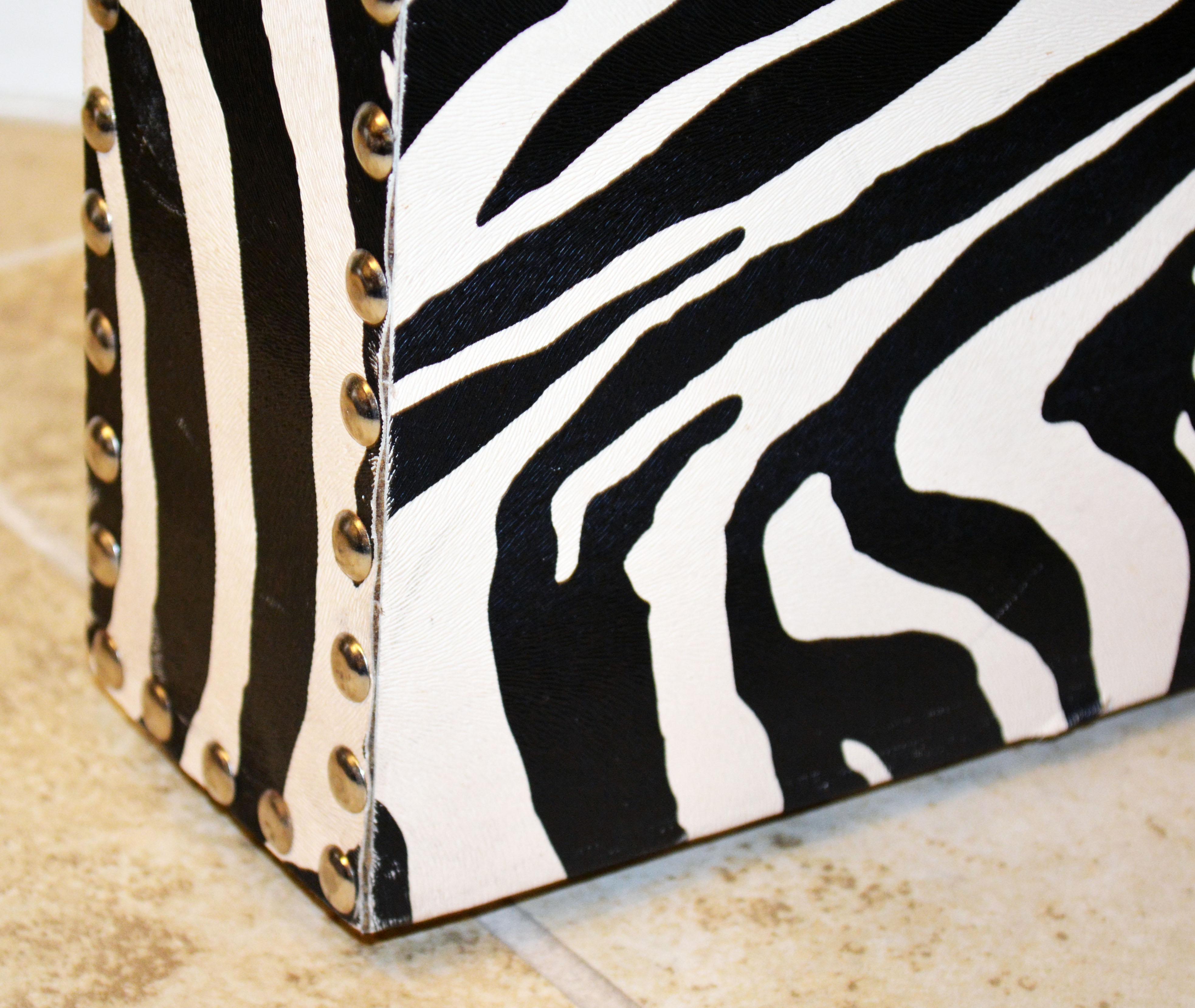 Faux Leather Custom Made Mid-Century Modern Console Table with Nailhead Trimmed Zebra Print