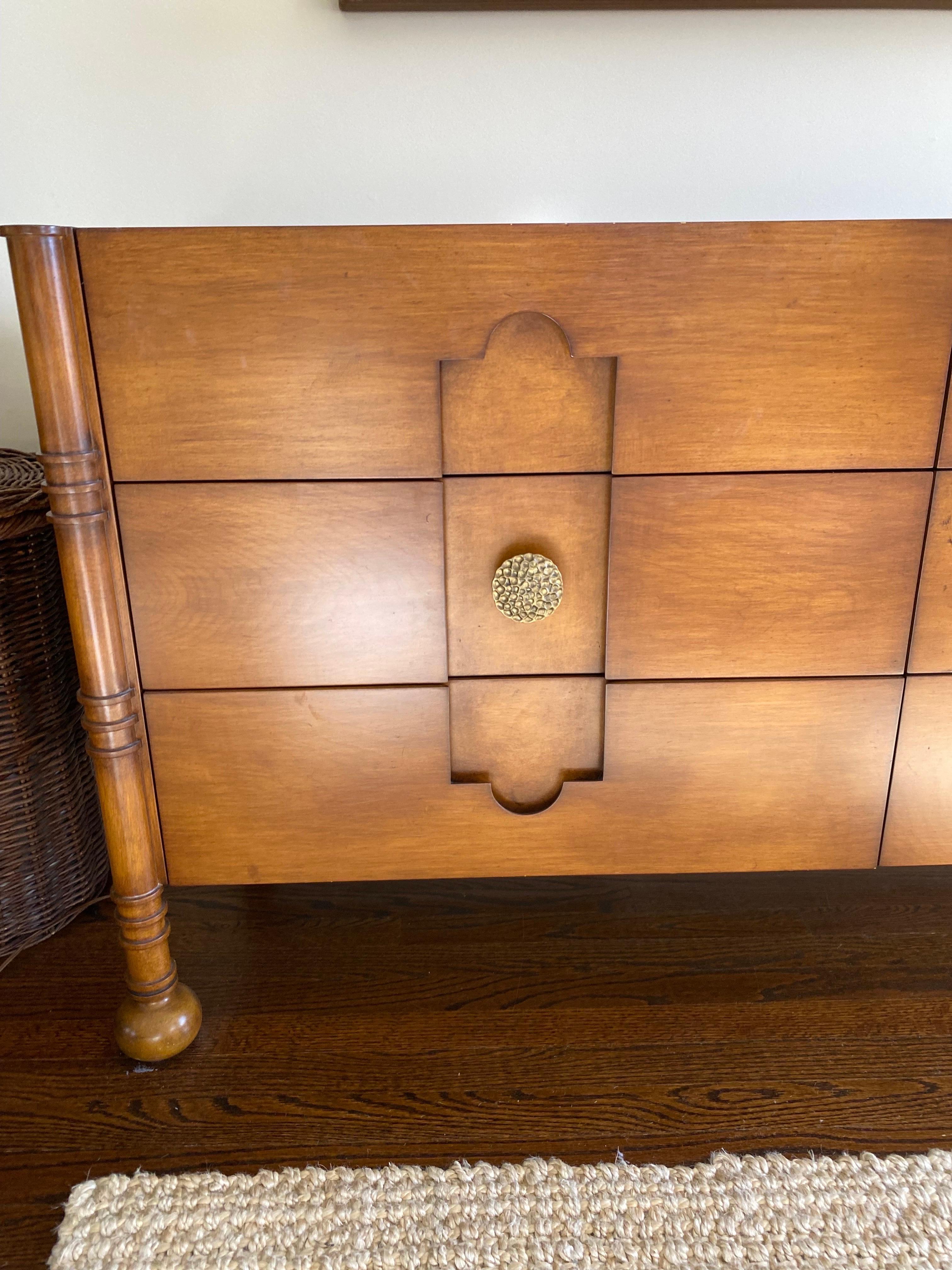 Custom designed and made Mid-Century Style Six Drawer Dresser with brass knob hardware. Great proportions for a double dresser, not too big. Attractive Mid-Century design.

66