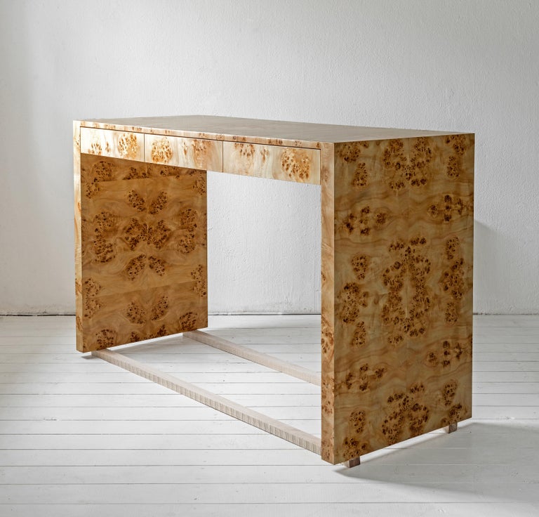 Lacquered Custom Made Minimal Desk or Console Table in Poplar Burl Veneer For Sale