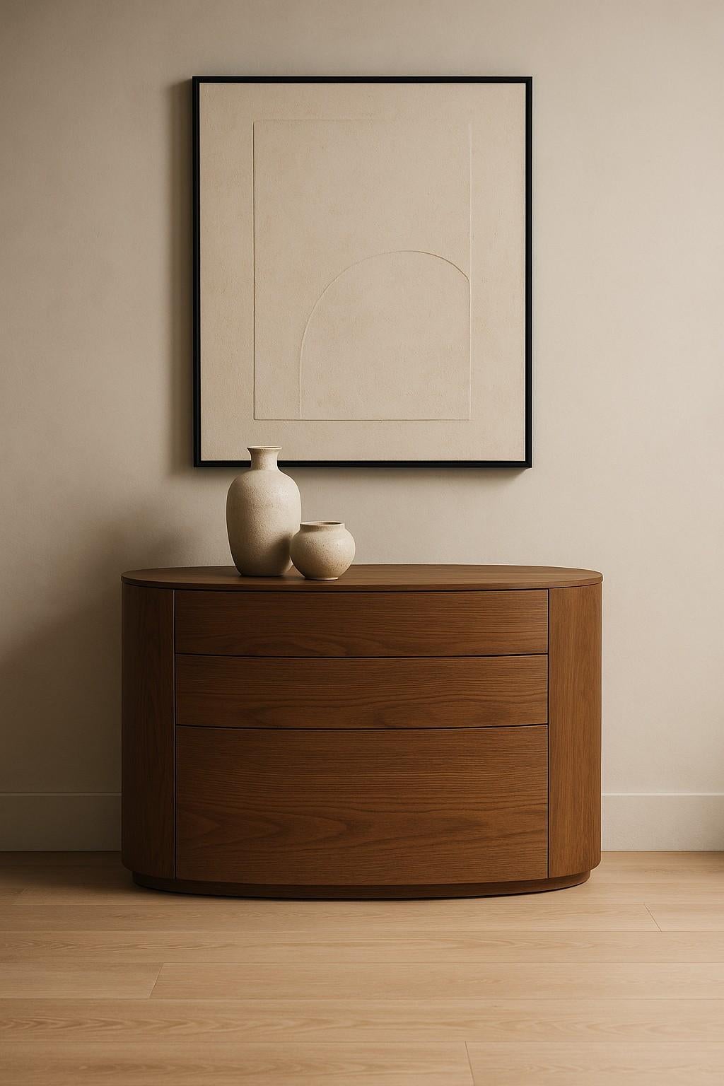 Hand-Crafted Custom Made Minimalist Oval Chest of Drawers in Brown Oak For Sale