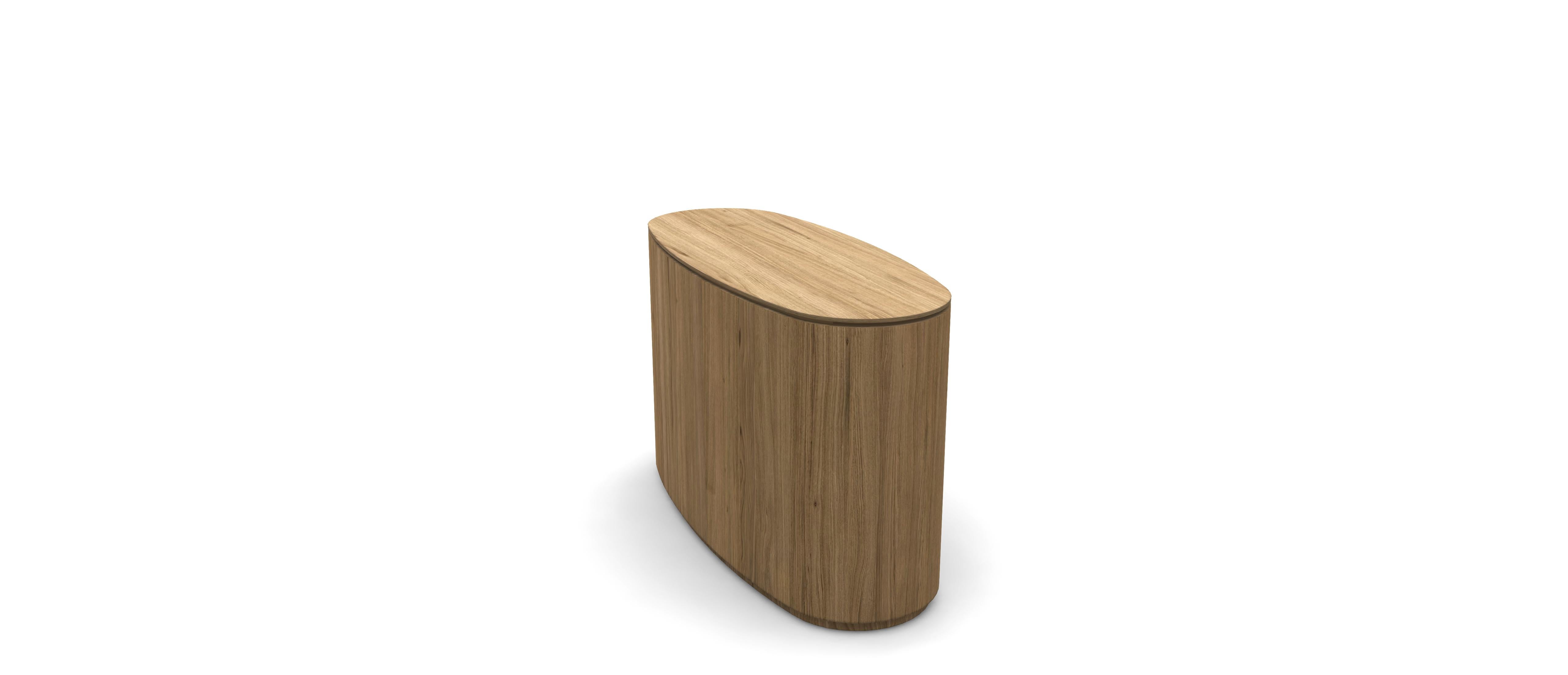A minimal and elegant chest of drawers crafted in solid oak top and oak body veneer, featuring a gently curved, oval silhouette. The seamless drawer fronts maintain clean lines with subtle horizontal grooves, offering a refined and contemporary