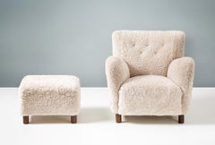 Custom Made Model 54 Sheepskin Lounge Chair and Ottoman
