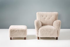 Custom Made Model 54 Sheepskin Lounge Chair and Ottoman