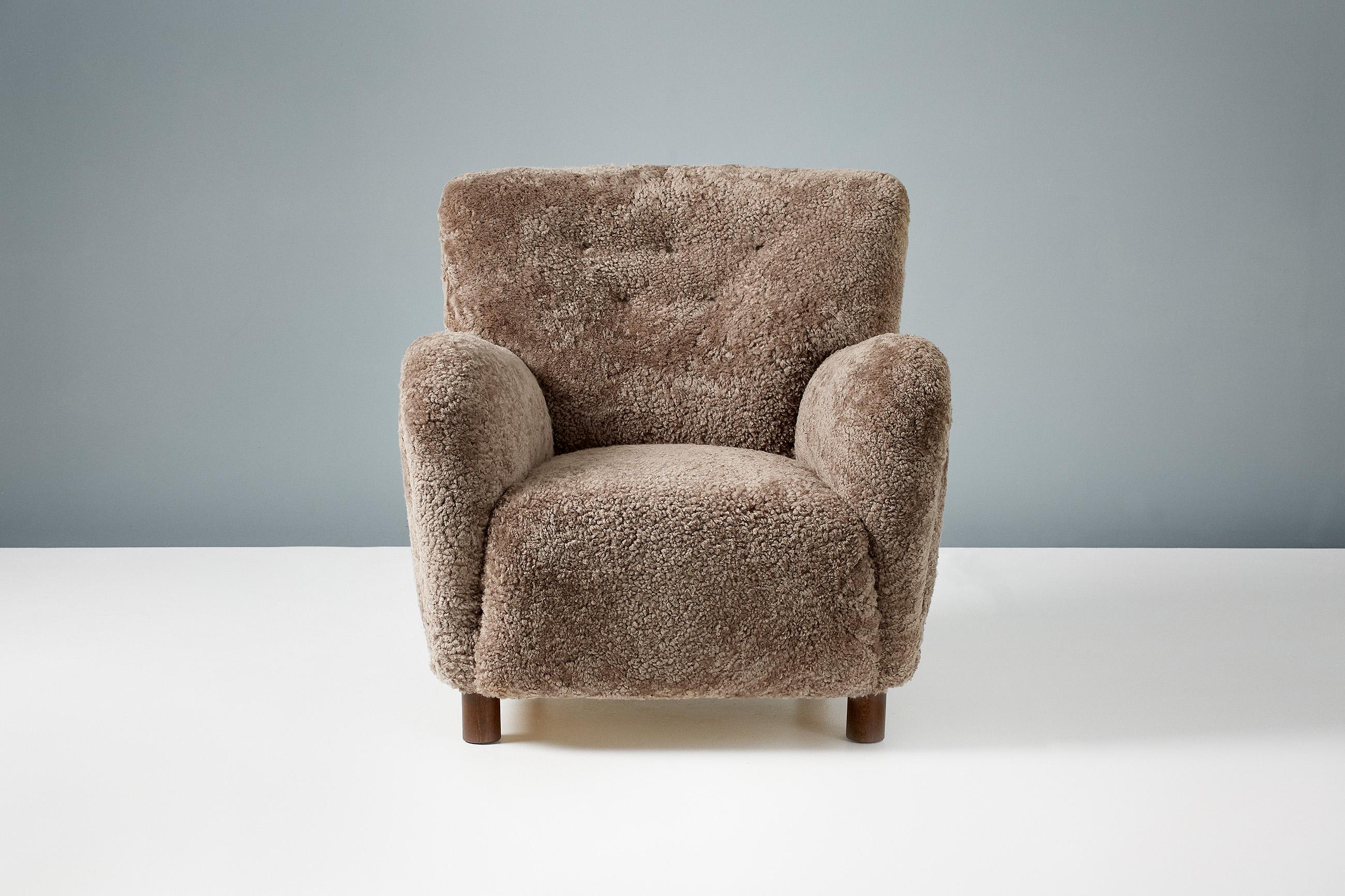 Scandinavian Modern Custom Made Model 54 Sheepskin Lounge Chair and Ottoman For Sale