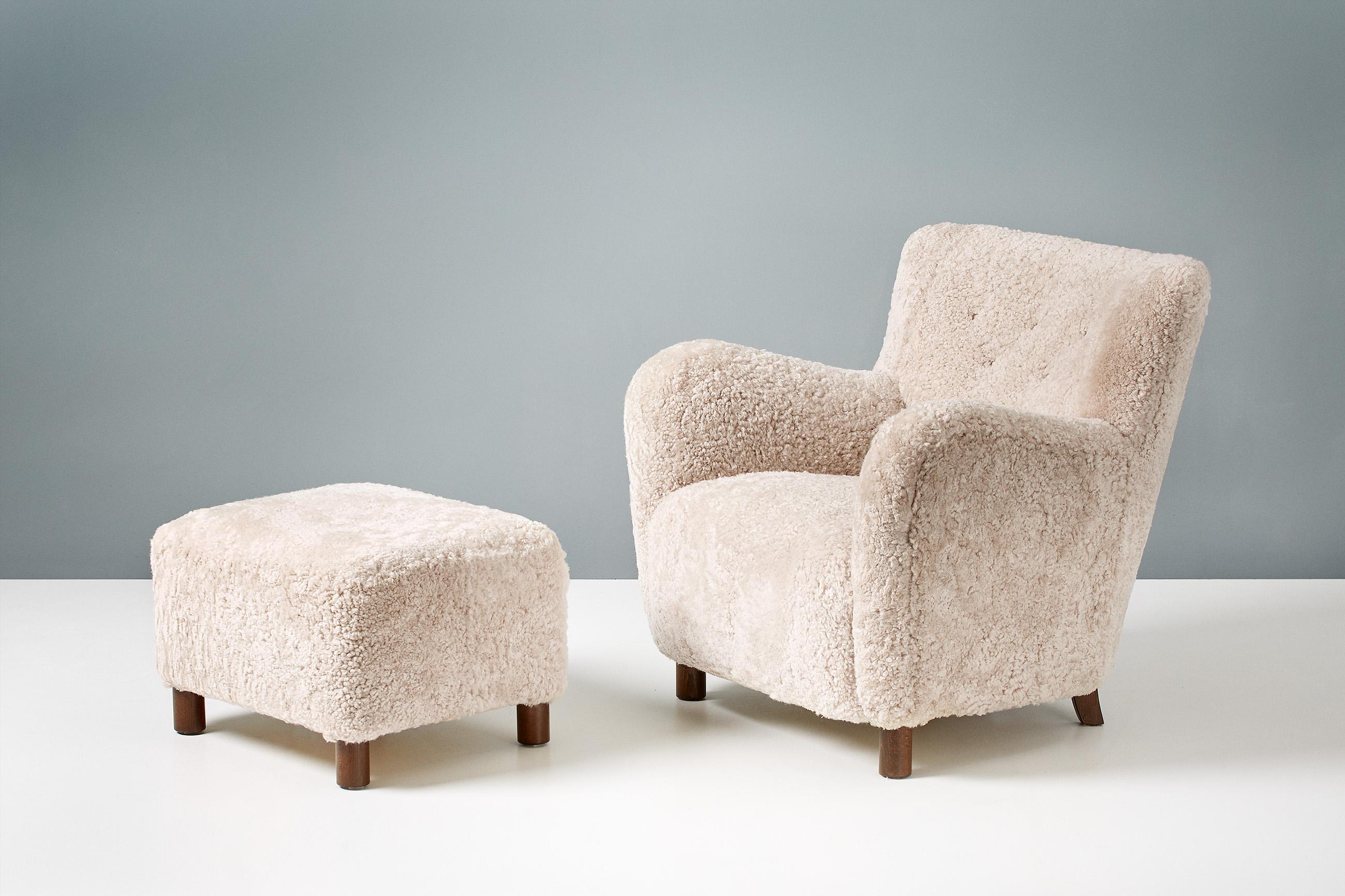 British Custom Made Model 54 Sheepskin Lounge Chair and Ottoman For Sale