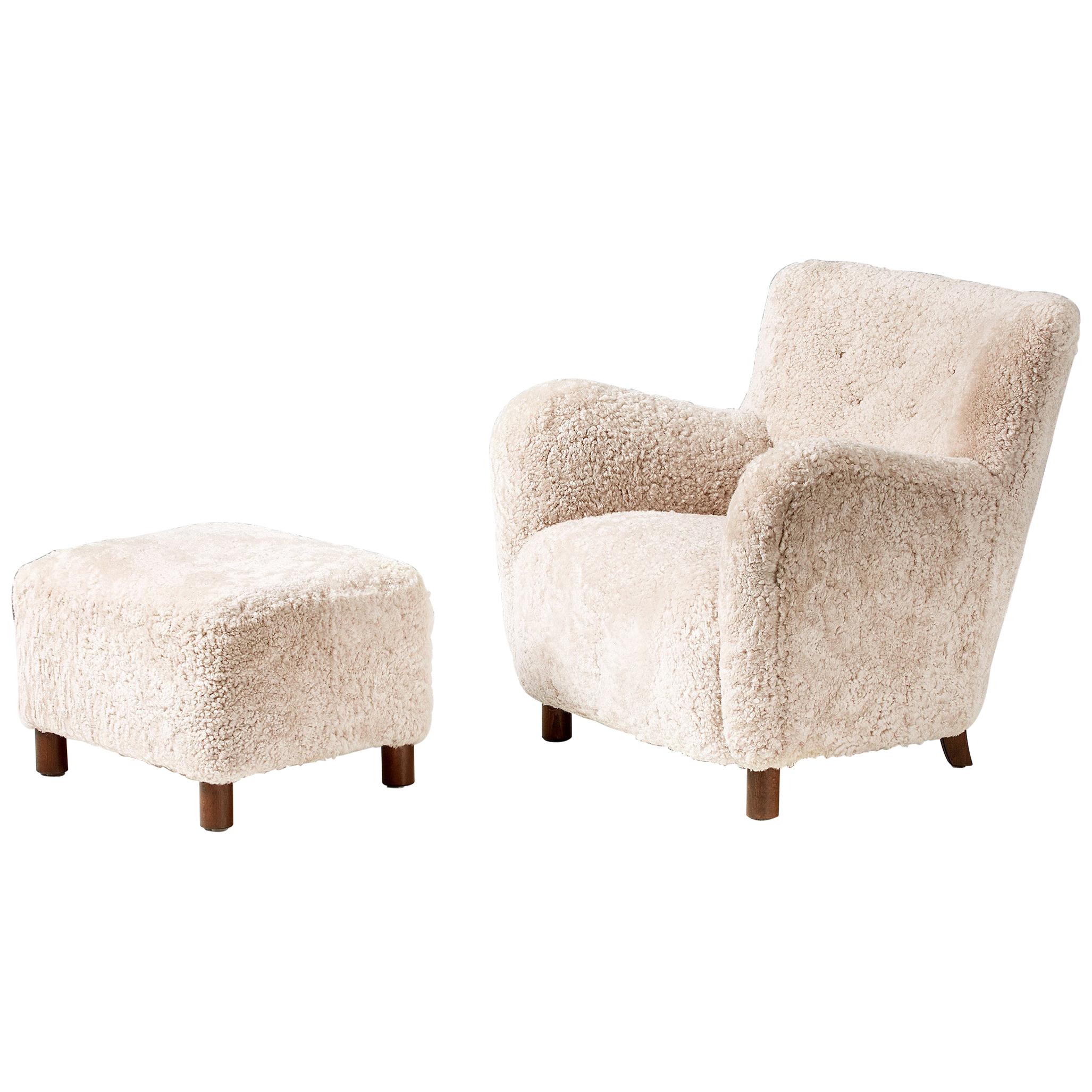 Custom Made Model 54 Sheepskin Lounge Chair and Ottoman