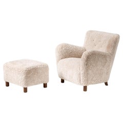 Custom Made Model 54 Sheepskin Lounge Chair and Ottoman