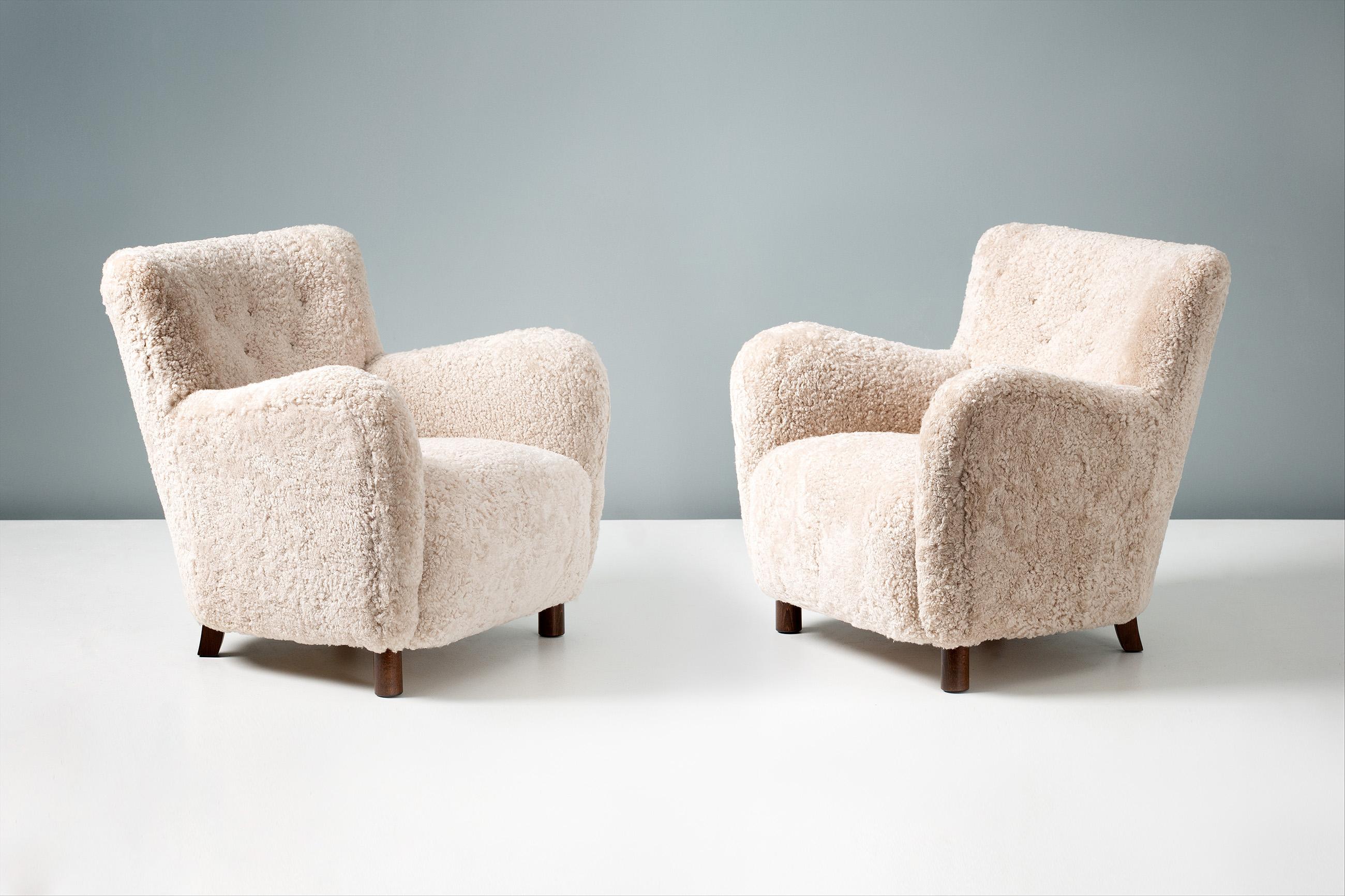 British Custom Made Model 54 Sheepskin Lounge Chairs For Sale