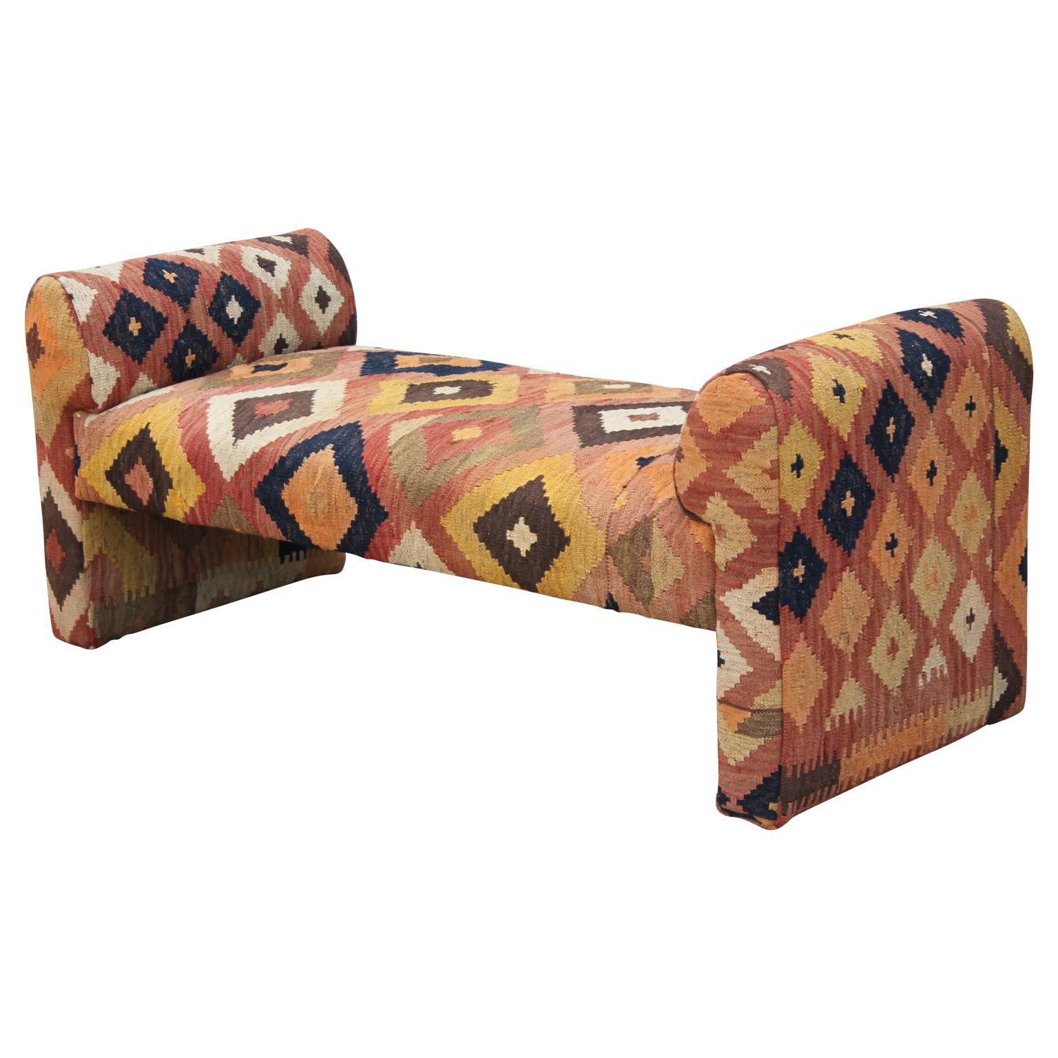 American Custom Made Modern Bench Upholstered in Geometric Flat-Weave Tribal Kilim Rug 