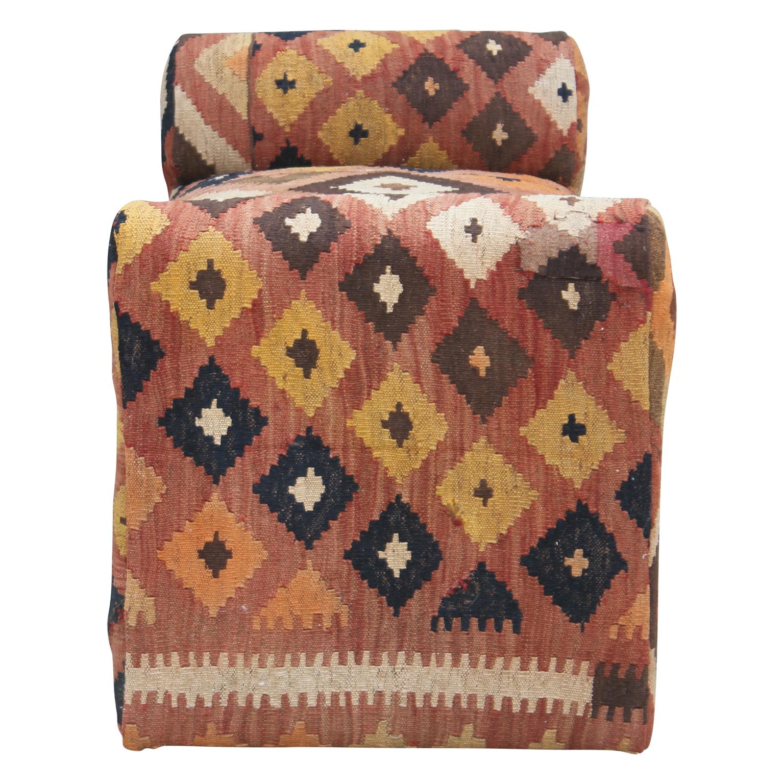 Mid-20th Century Custom Made Modern Bench Upholstered in Geometric Flat-Weave Tribal Kilim Rug 