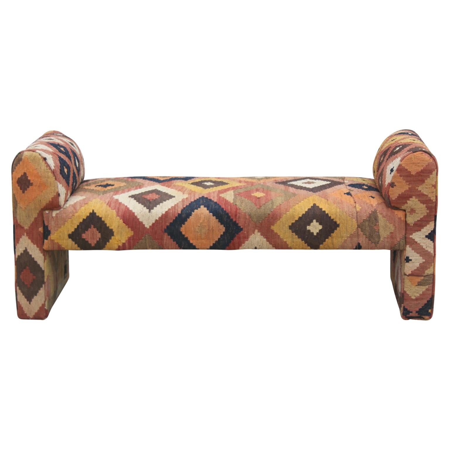 Custom Made Modern Bench Upholstered in Geometric Flat-Weave Tribal Kilim Rug 